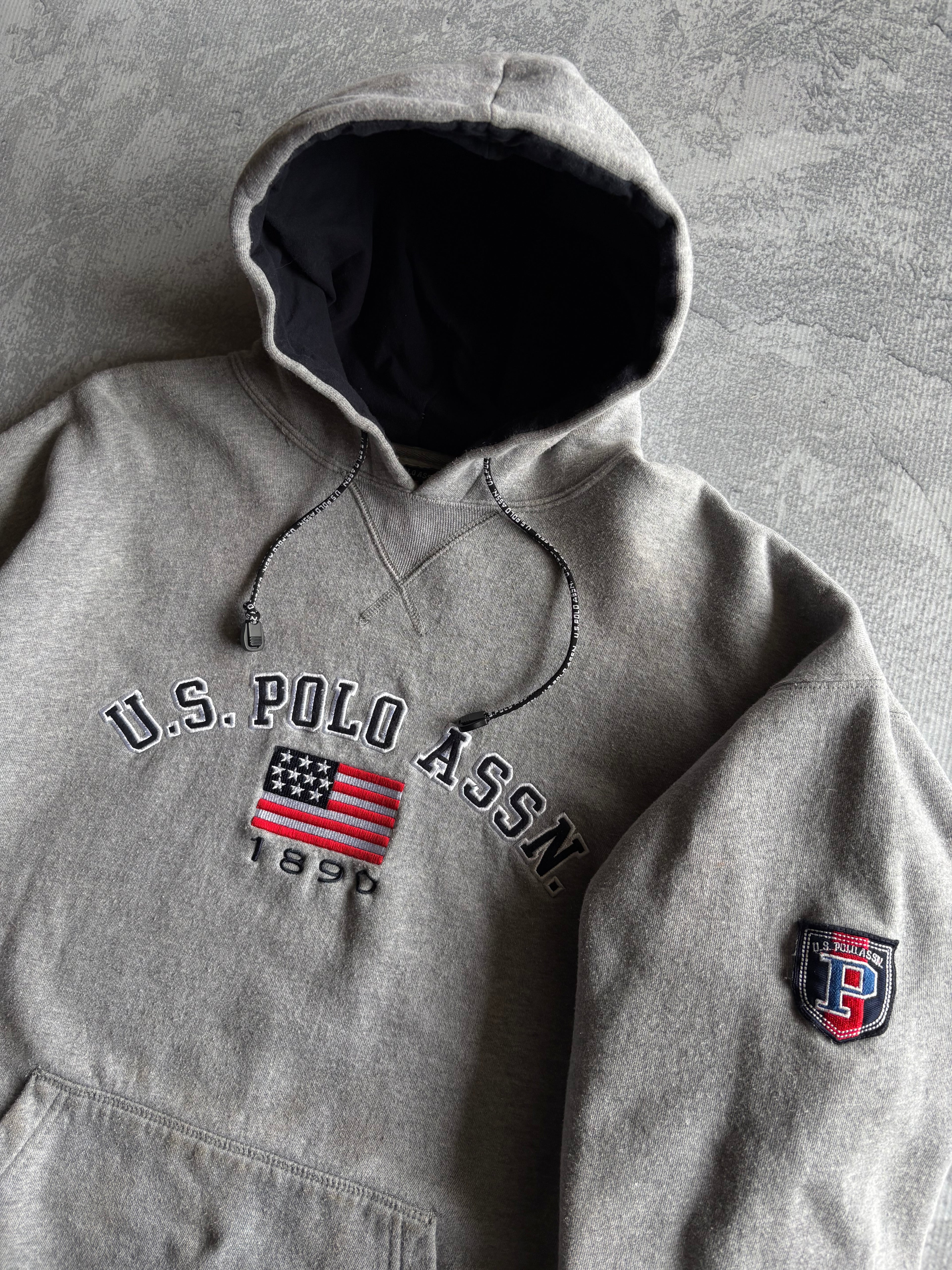 Vintage U.S. Polo ASSN Spellout Grey Hoodie - L