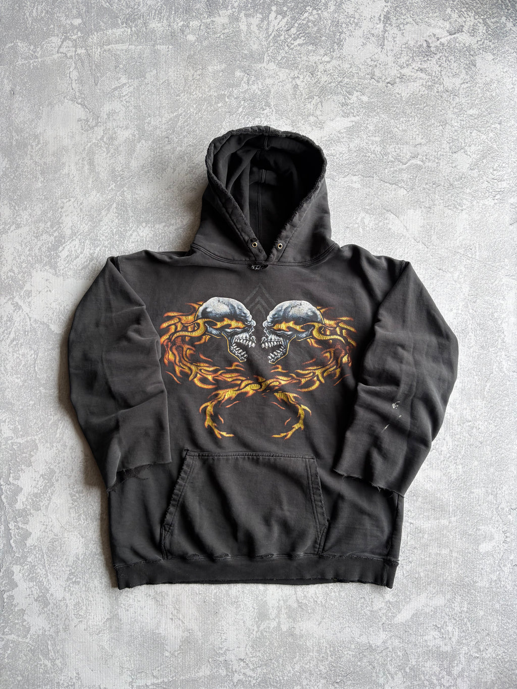 Vintage 90s Top Heavy Flaming Skull Distressed Hoodie - Large