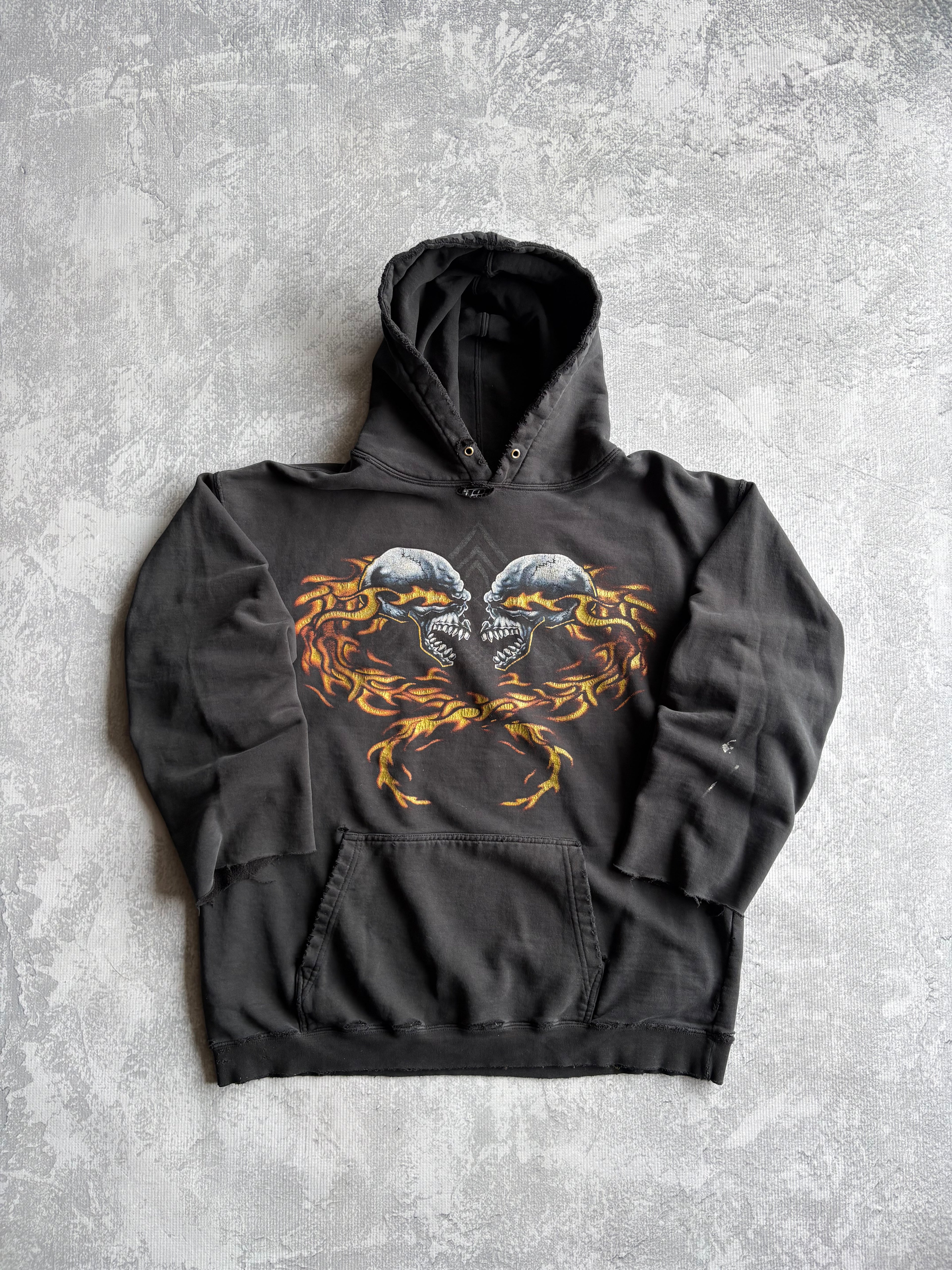 Vintage 90s Top Heavy Flaming Skull Distressed Hoodie - Large