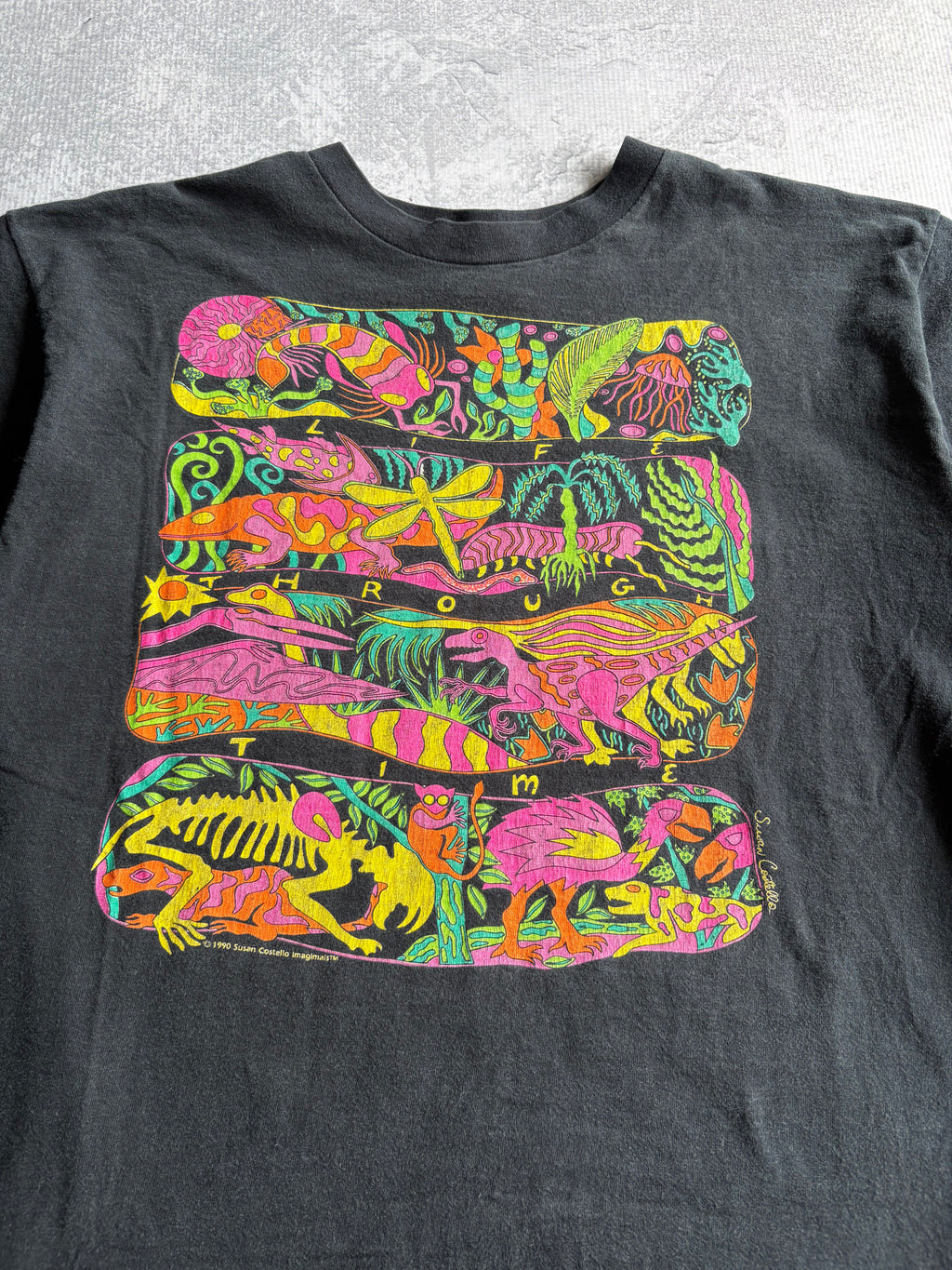 Vintage 1990 Life Through Time Susan Costello Imagimals Black Art Tee Shirt - XL