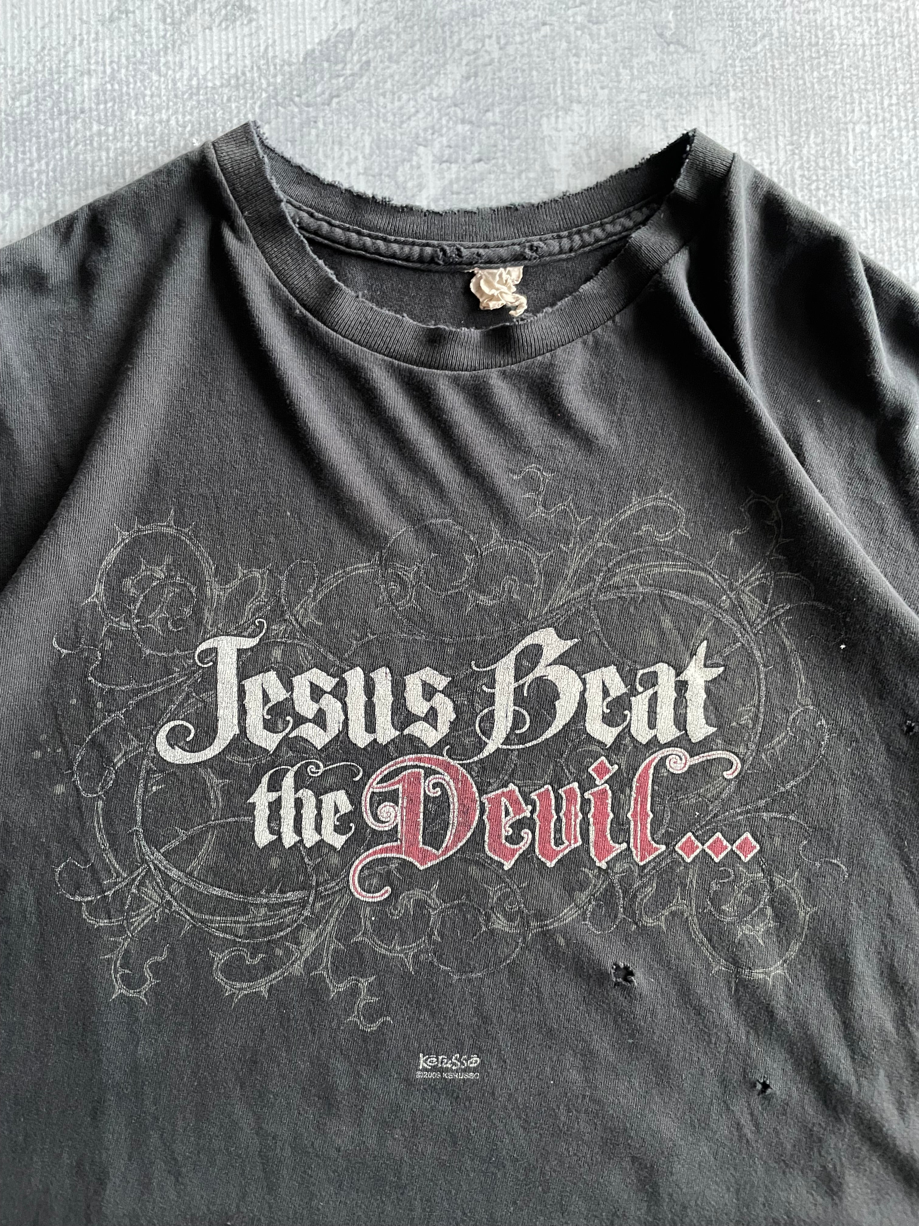 Vintage Jesus Beat The Devil Funny Distressed Faded Tee Shirt