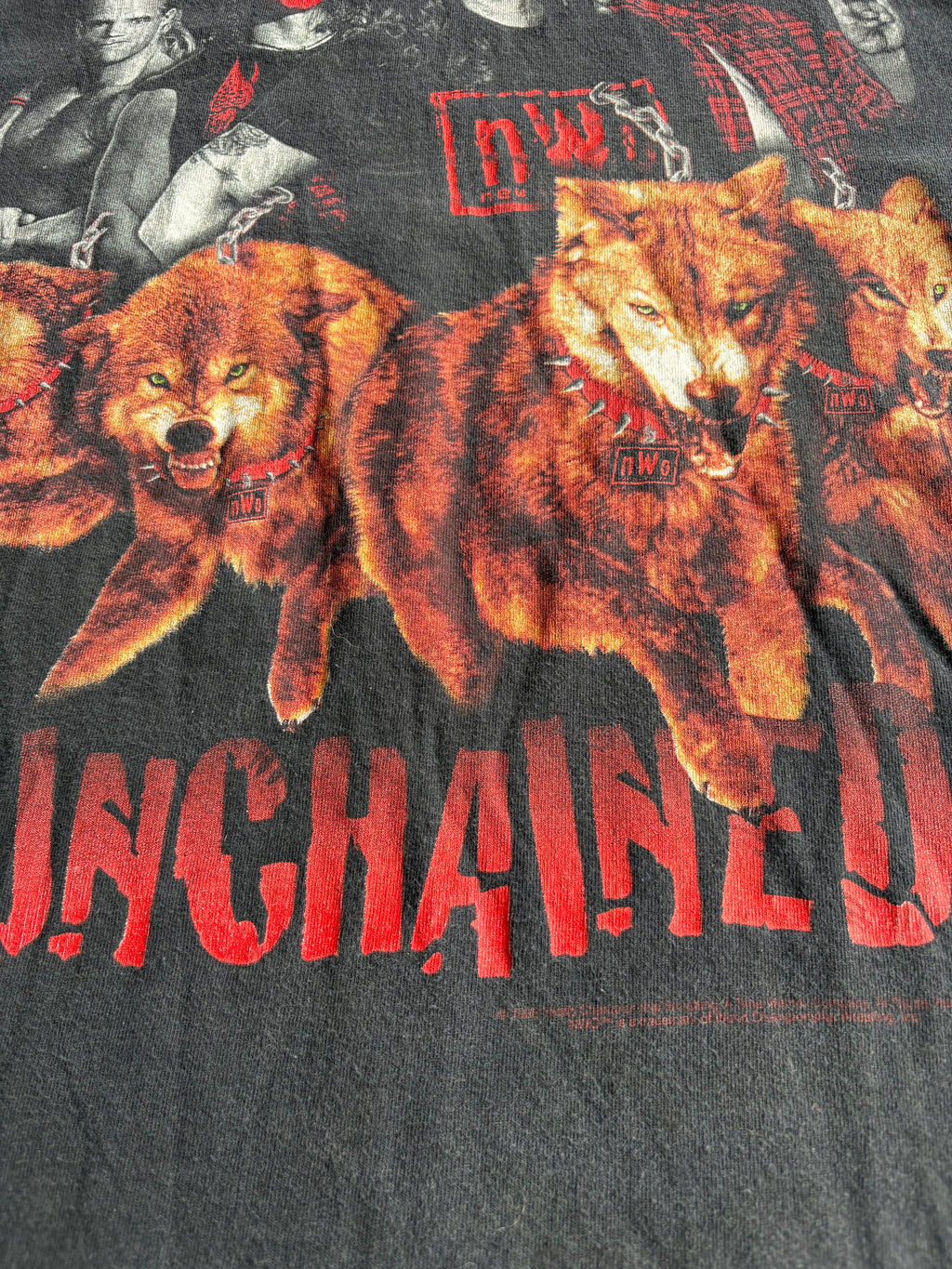 Vintage 1998 WCW NWO Wolfpac Red and Black Unchained Faded Tee Shirt - L