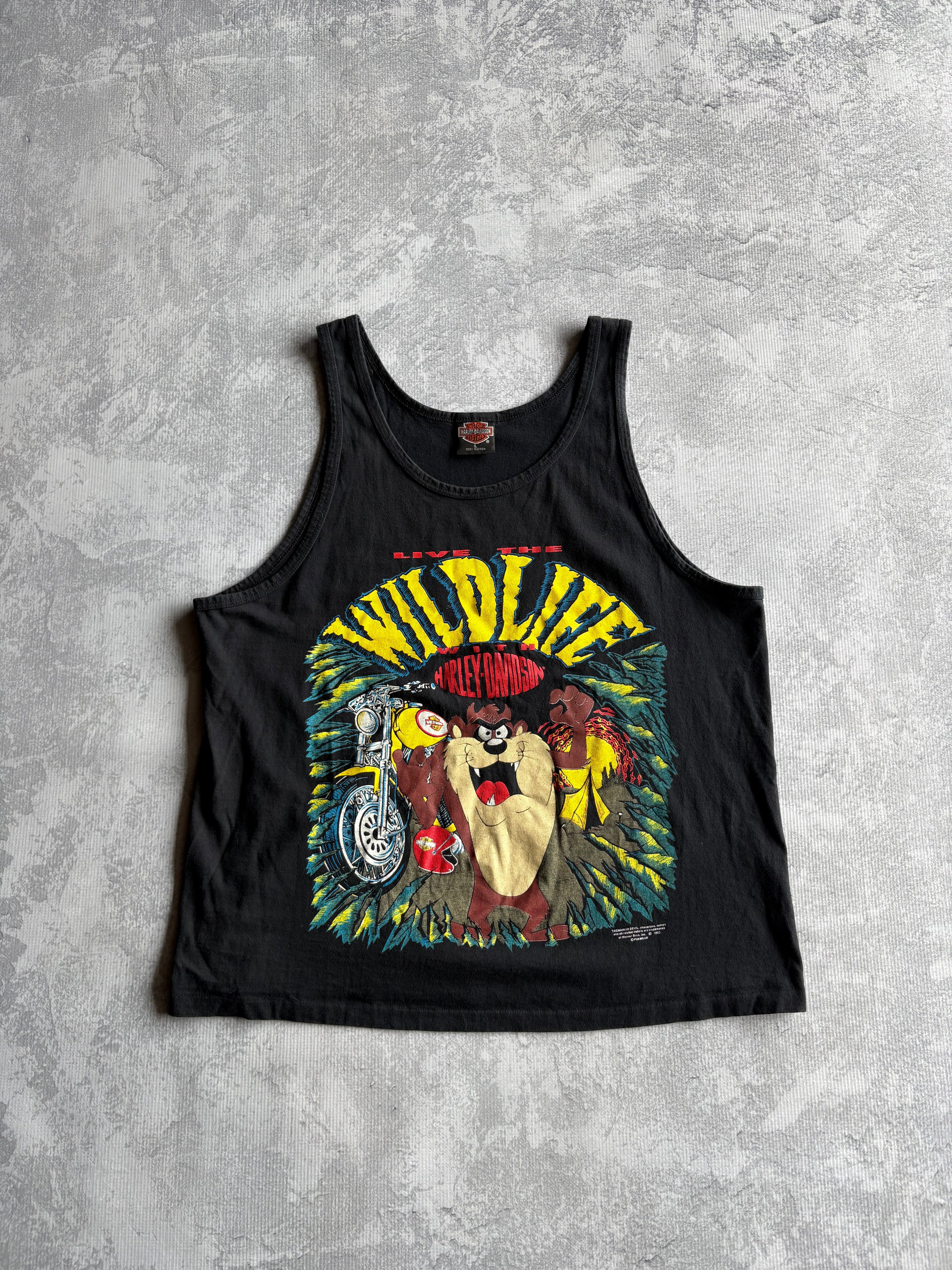 Vintage 90s Harley Davidson Taz Live the Wild Life Black Tank Top- L