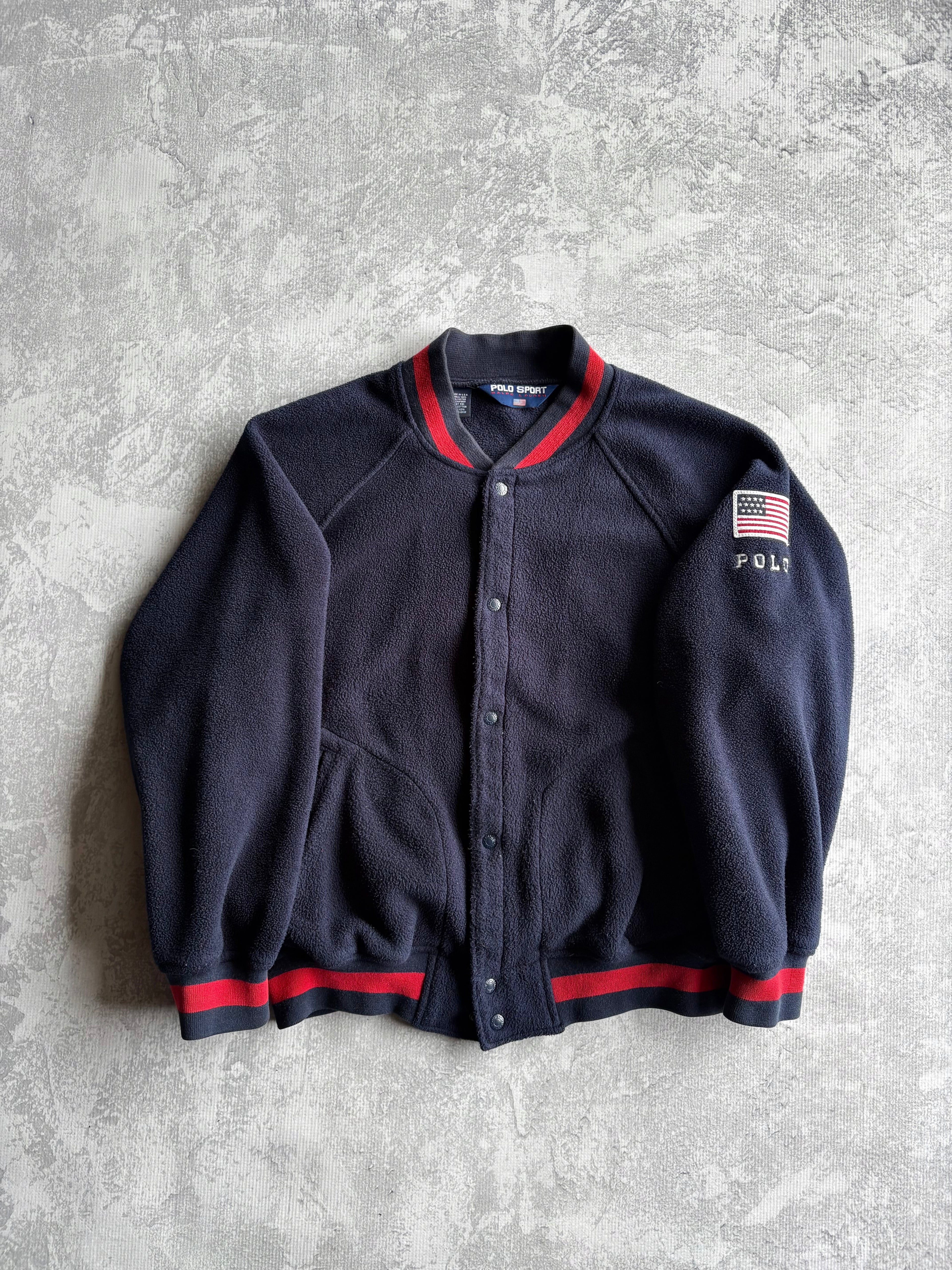 Vintage 90s Polo Sport USA Stadium Button Up Fleece Sweater - L
