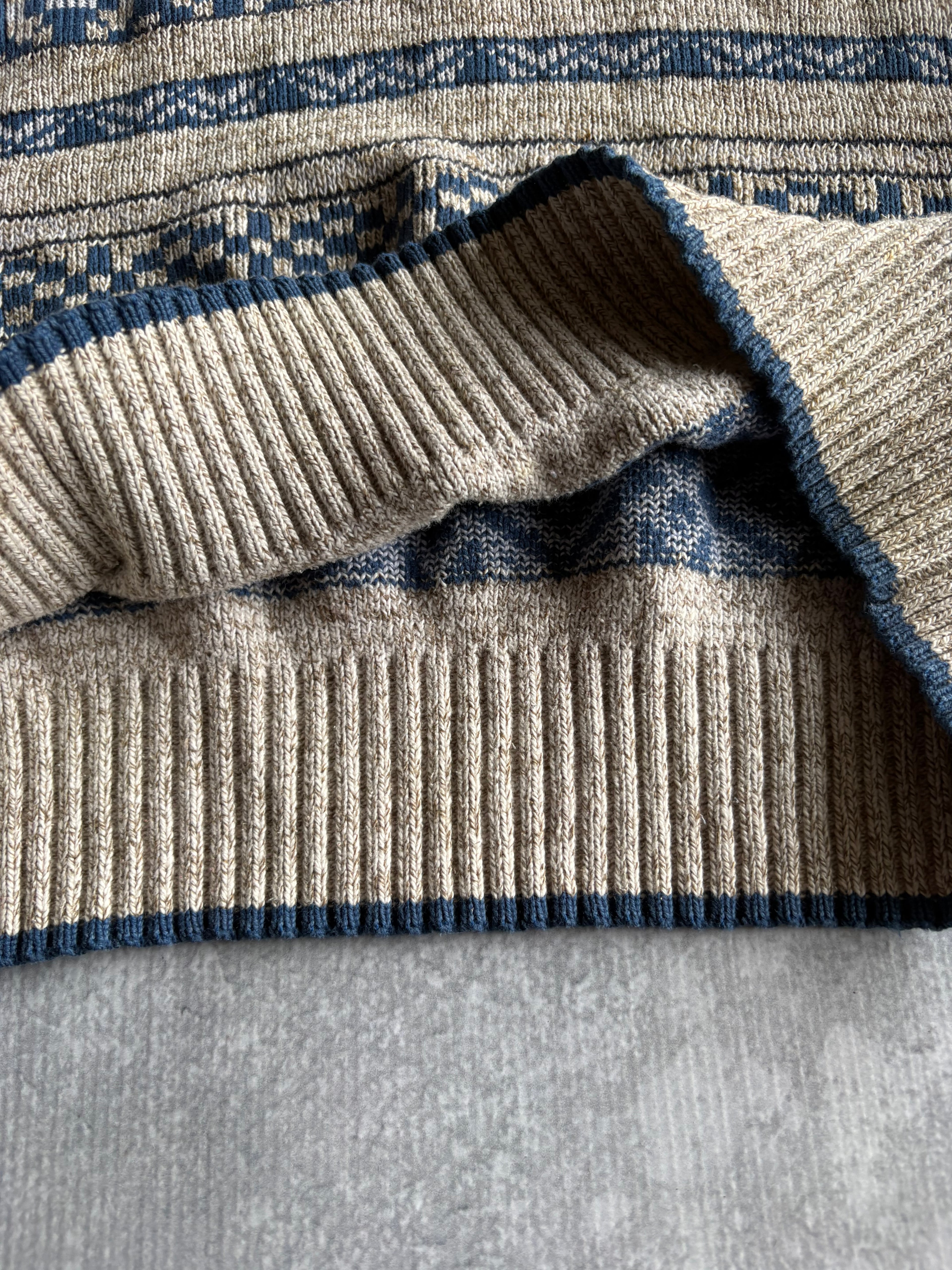 Vintage 90s Liz Wear Abstract Geometric Beige/Blue Knit Sweater - XL