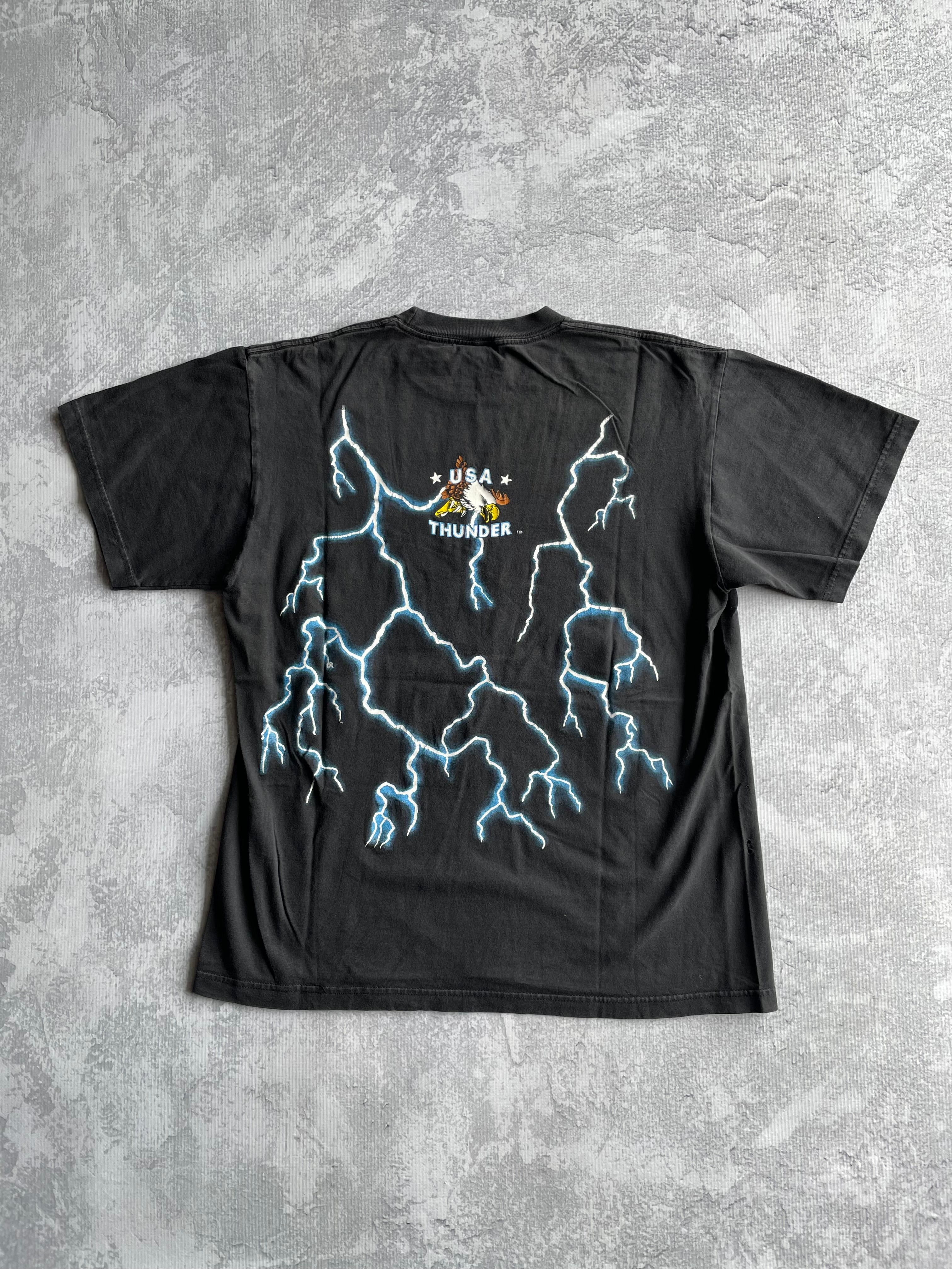 Vintage 90s American Thunder Biker Eagle Lightning AOP Tee Shirt - L