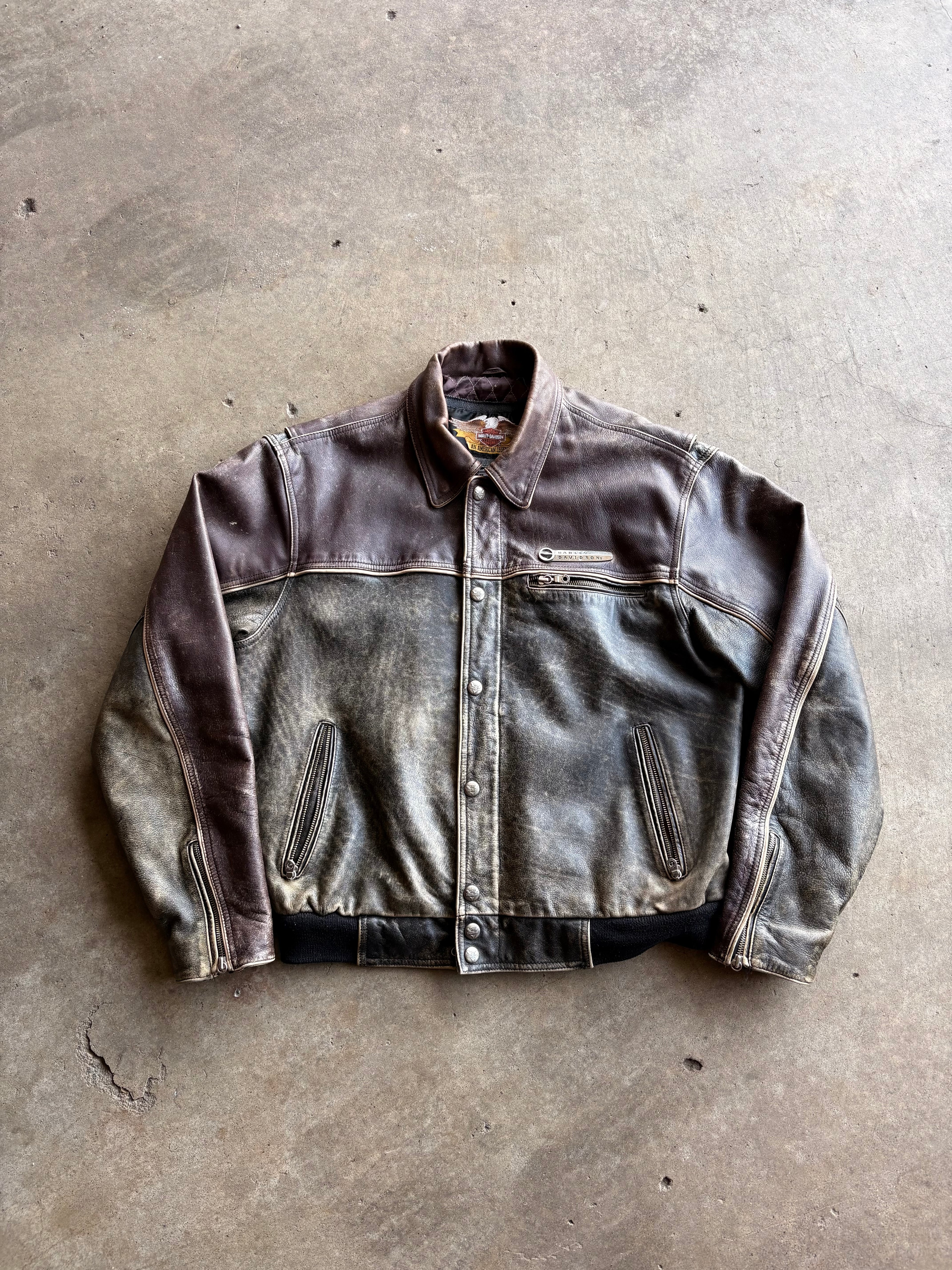 Vintage 90s RARE Harley Davidson Embroidered Distressed Black Purple Leather Jacket - XL