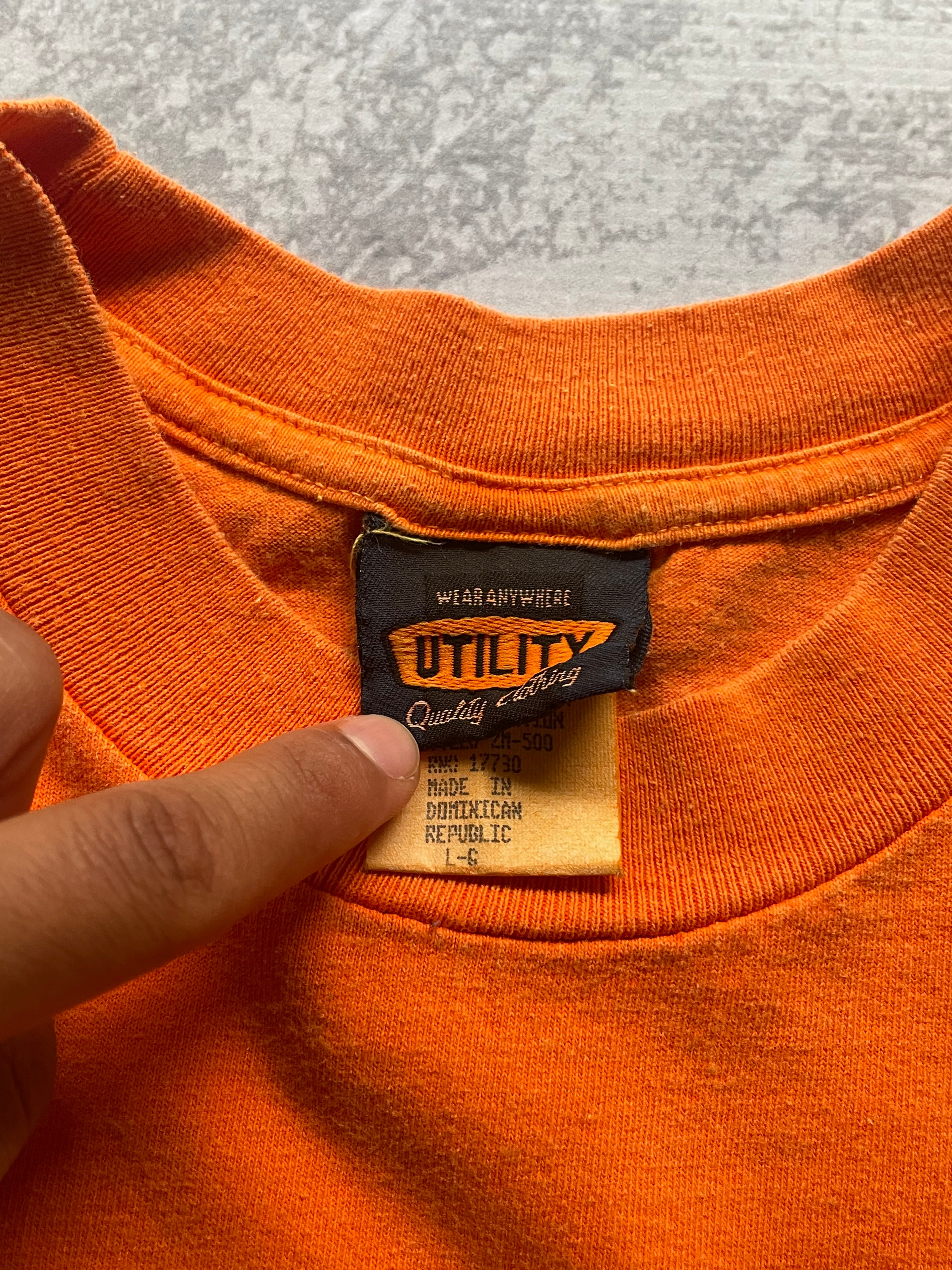 Vintage 90s Utility Center Logo Orange Tee Shirt - 2XL