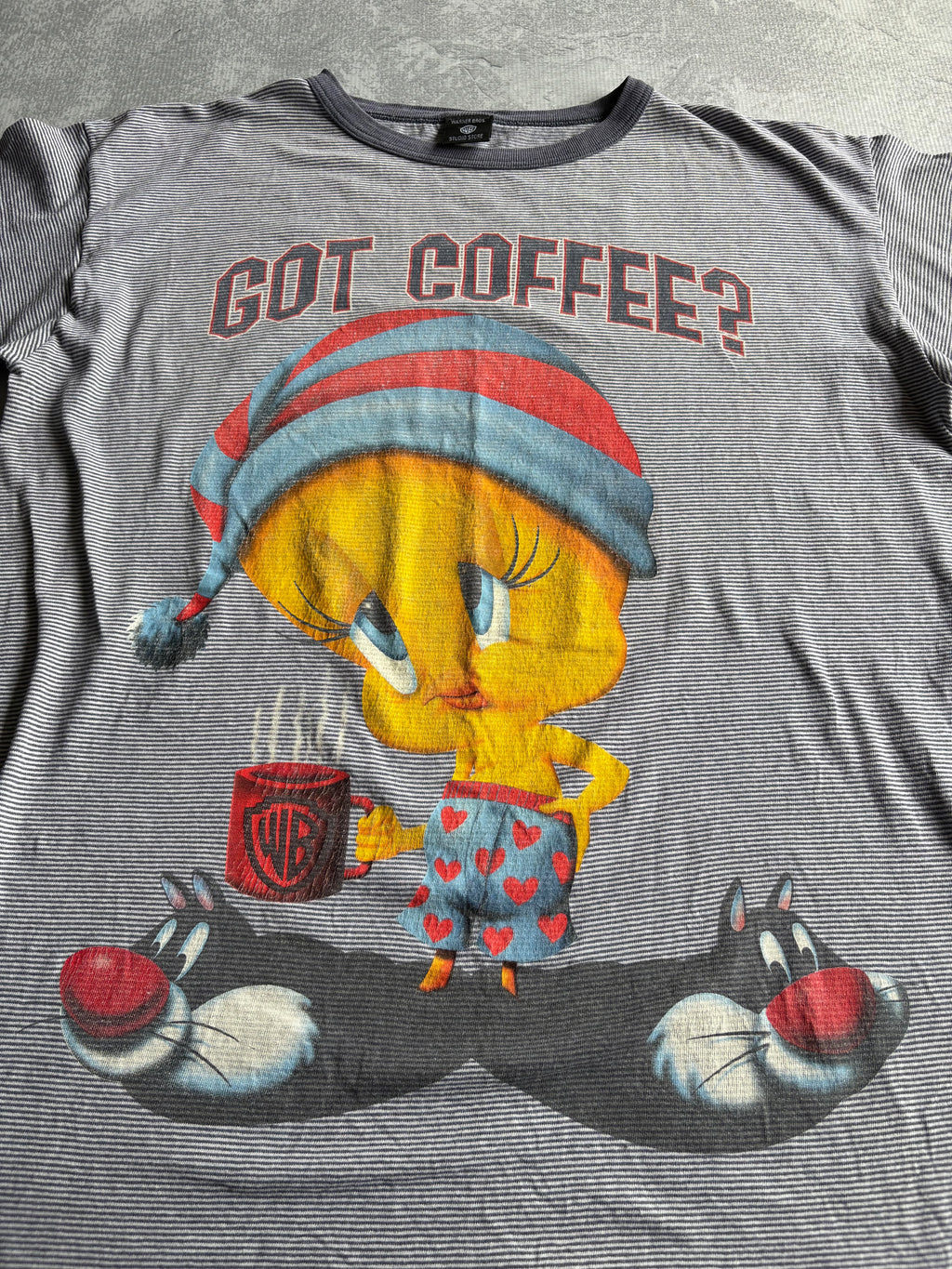 Vintage 90s Looney Tunes Tweety Got Coffee Cartoon Striped Tee Shirt - XLT