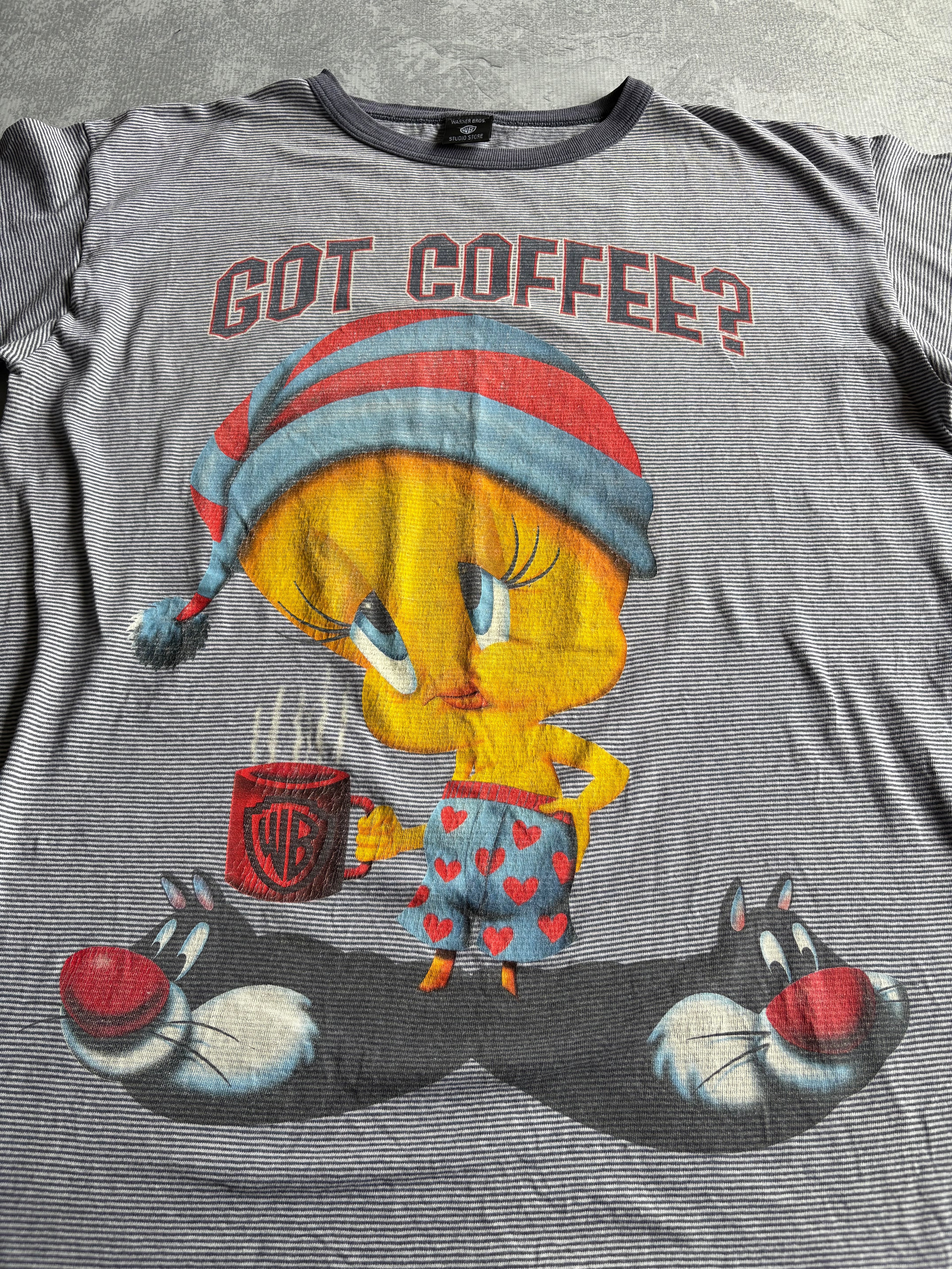 Vintage 90s Looney Tunes Tweety Got Coffee Cartoon Striped Tee Shirt - XLT