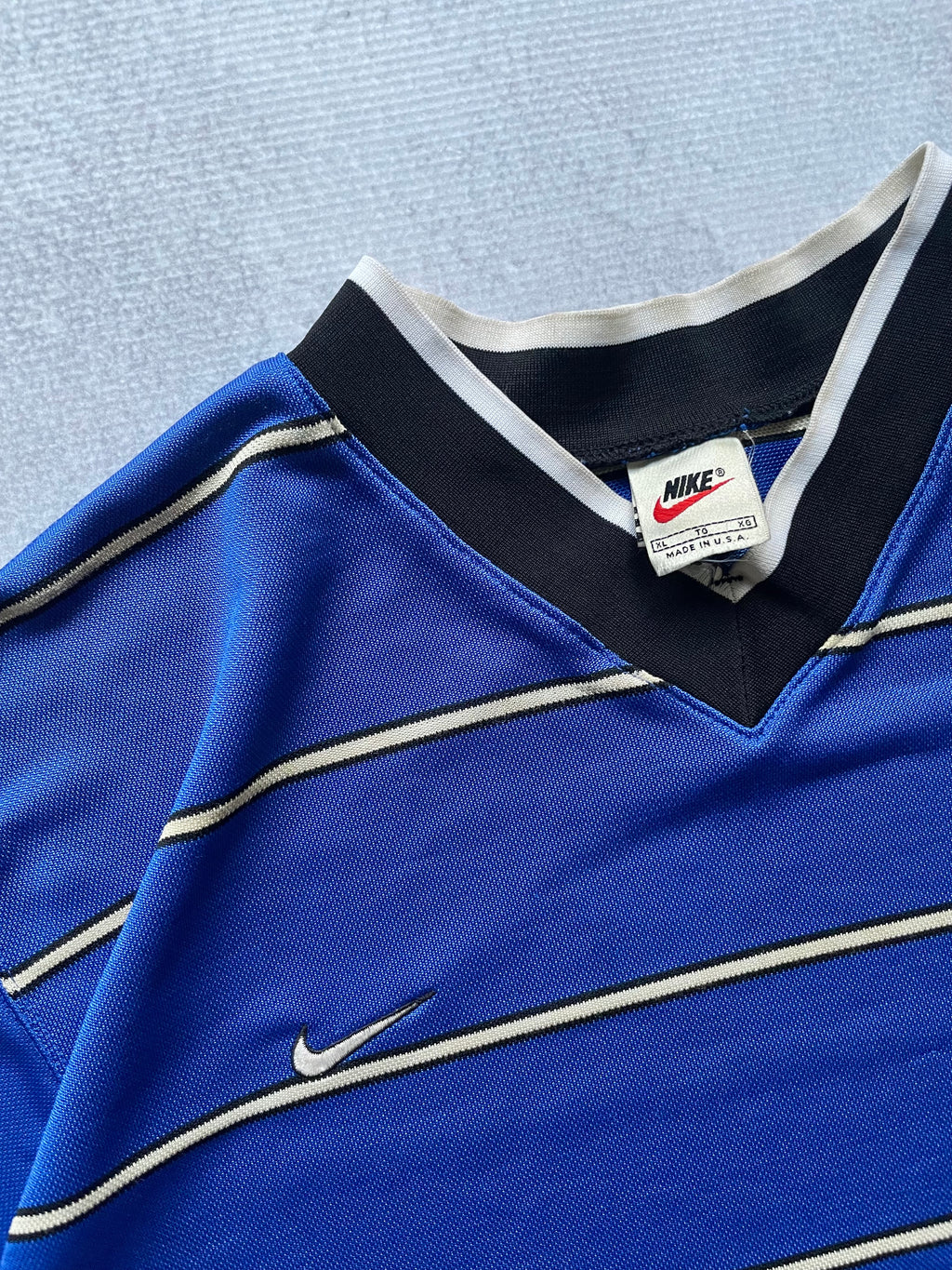 Vintage 90s Nike Sriped Blue Vneck Jersey Tee Shirt - XL