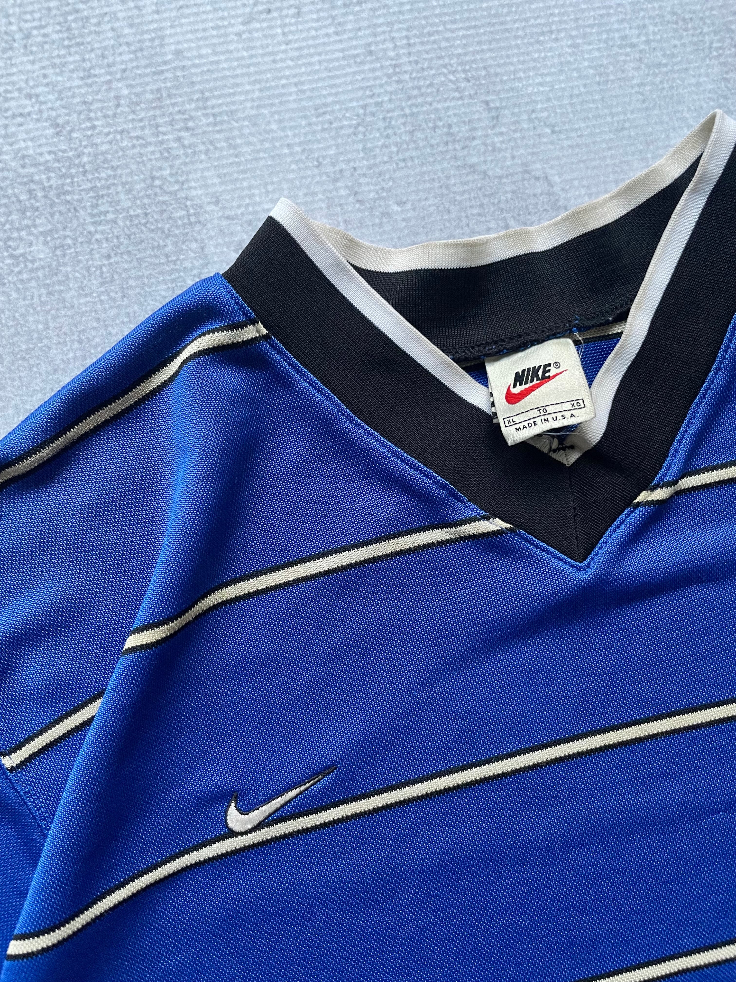 Vintage 90s Nike Sriped Blue Vneck Jersey Tee Shirt - XL