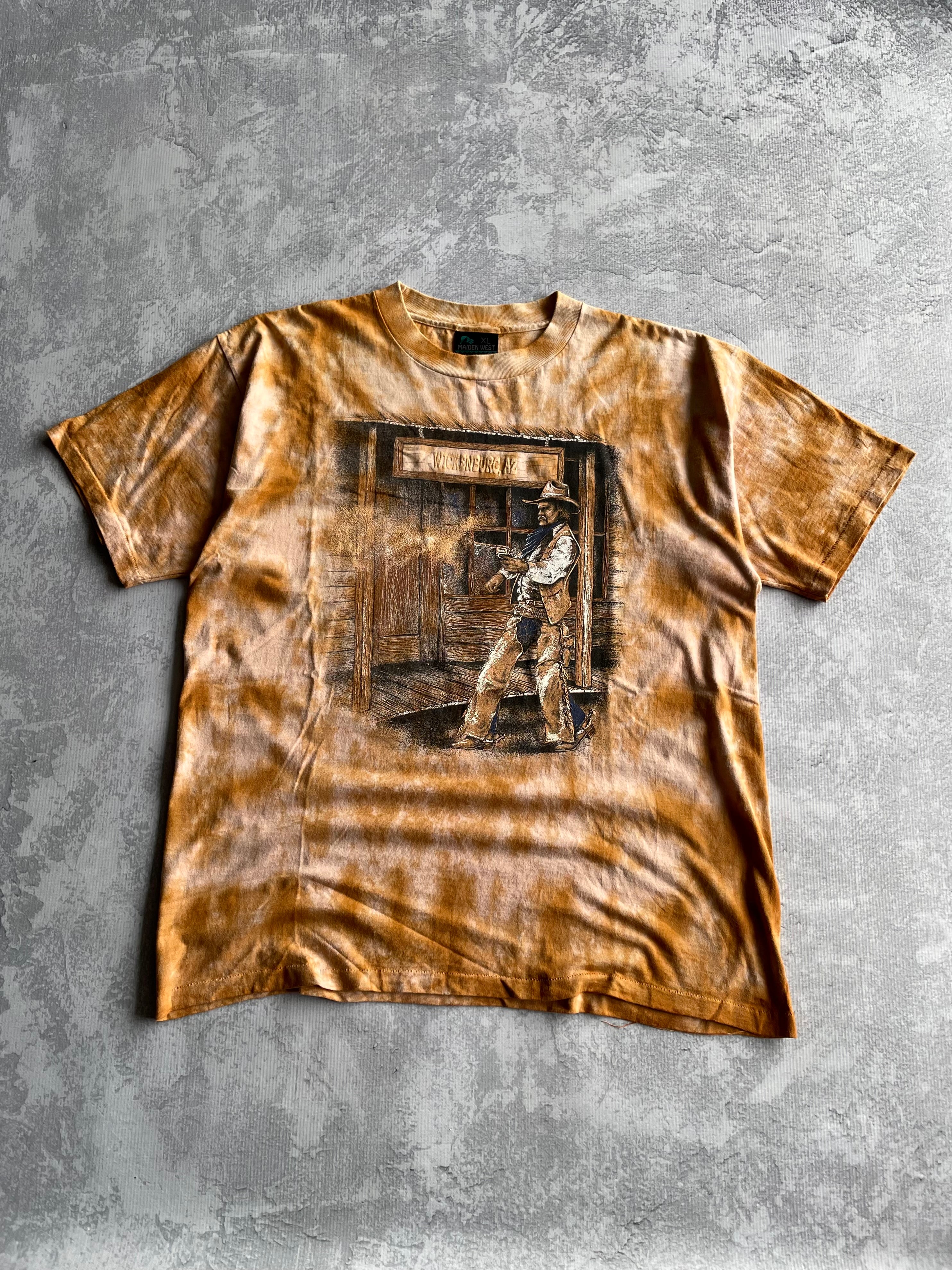 Vintage 90s Western Cowboy Orange Tie Dye AOP Tee Shirt - XL