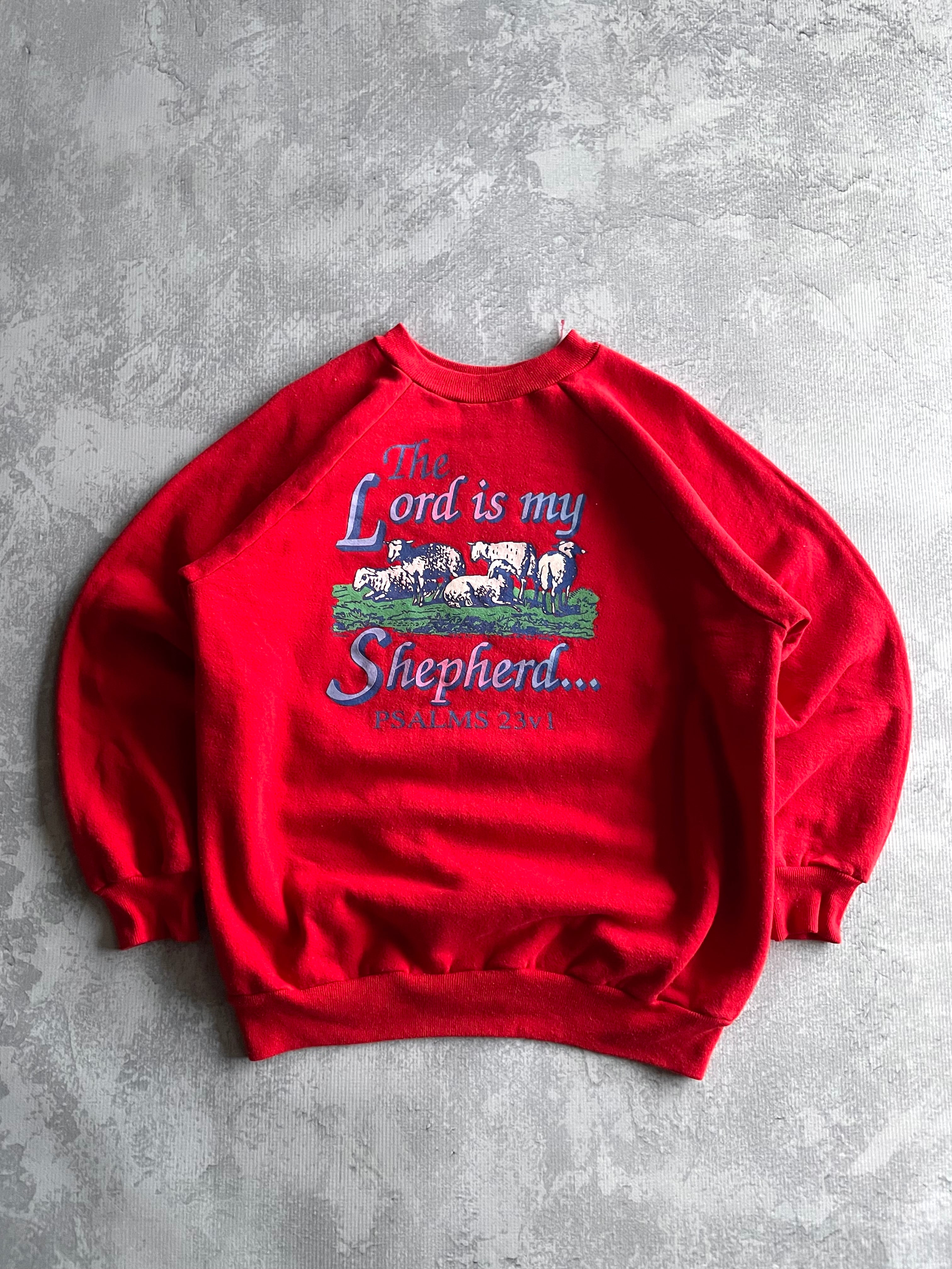 Vintage 80s The Lord Is My Shepard Psalm Bible Verse Jesus Red Crewneck Sweater - L