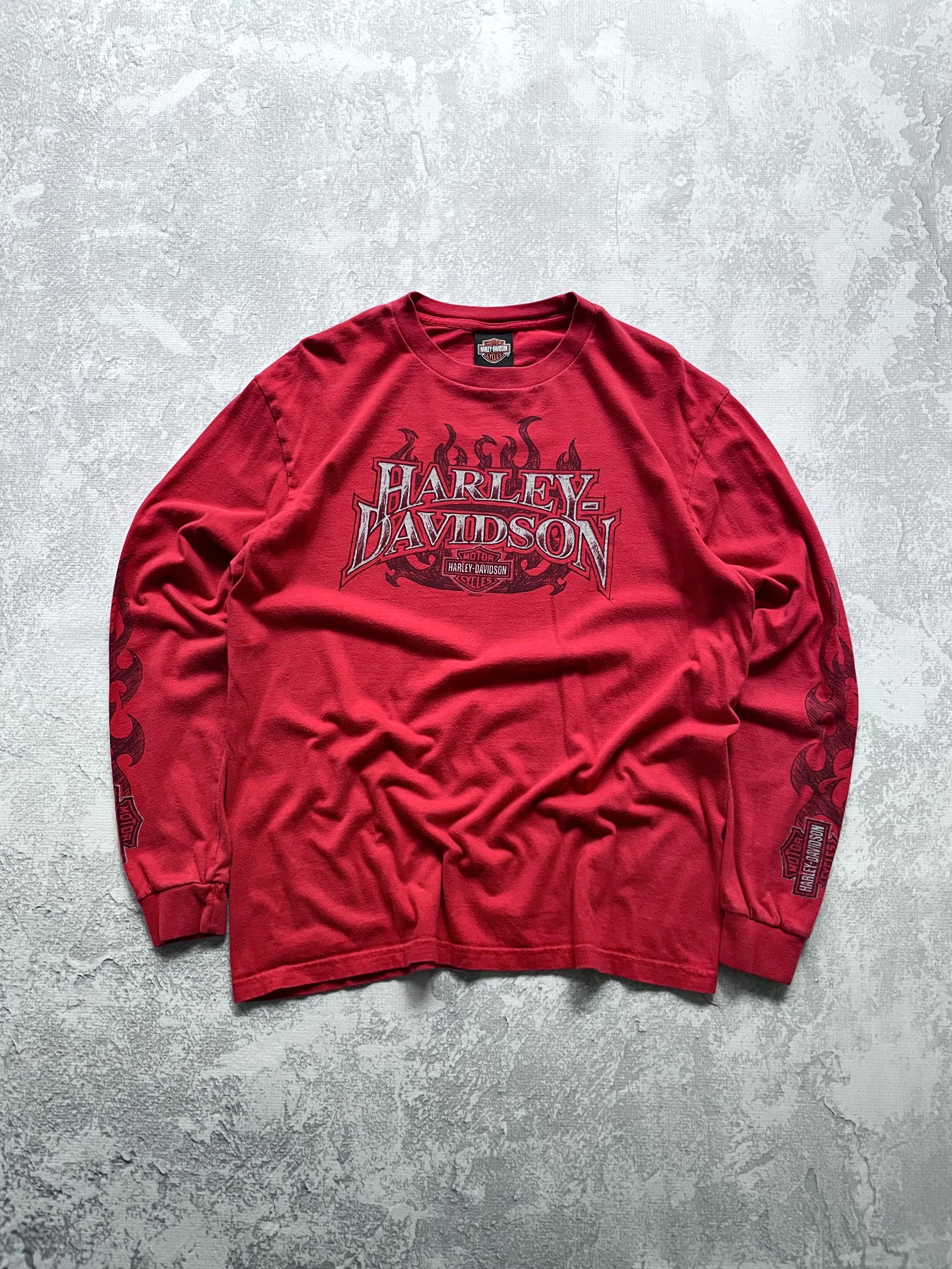 Y2K Harley Davidson Flaming Red Long Sleeve - L