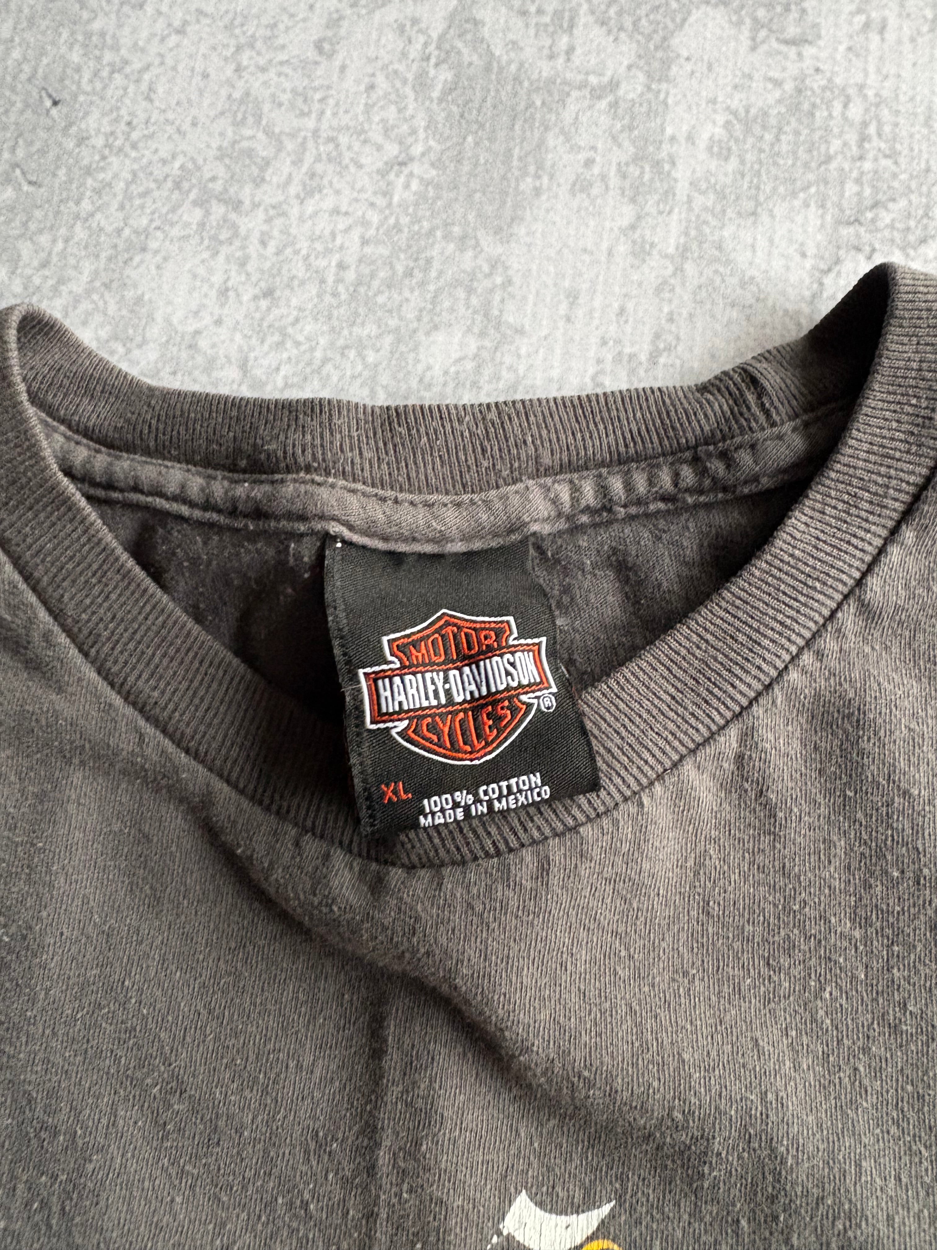 Vintage Harley Davidson Spellout Bandana Bone Skull Grey Tee Shirt - XL