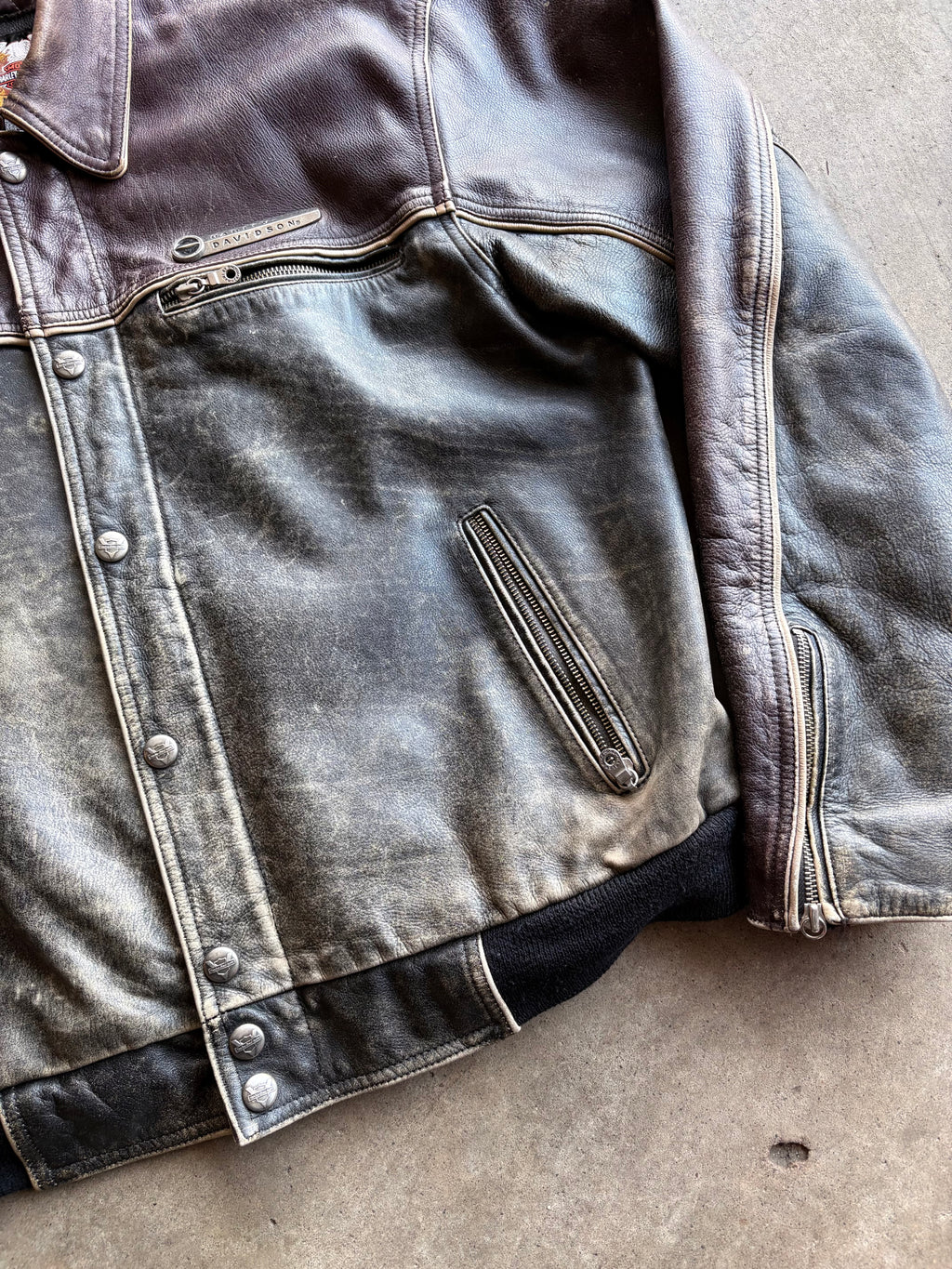 Vintage 90s RARE Harley Davidson Embroidered Distressed Black Purple Leather Jacket - XL