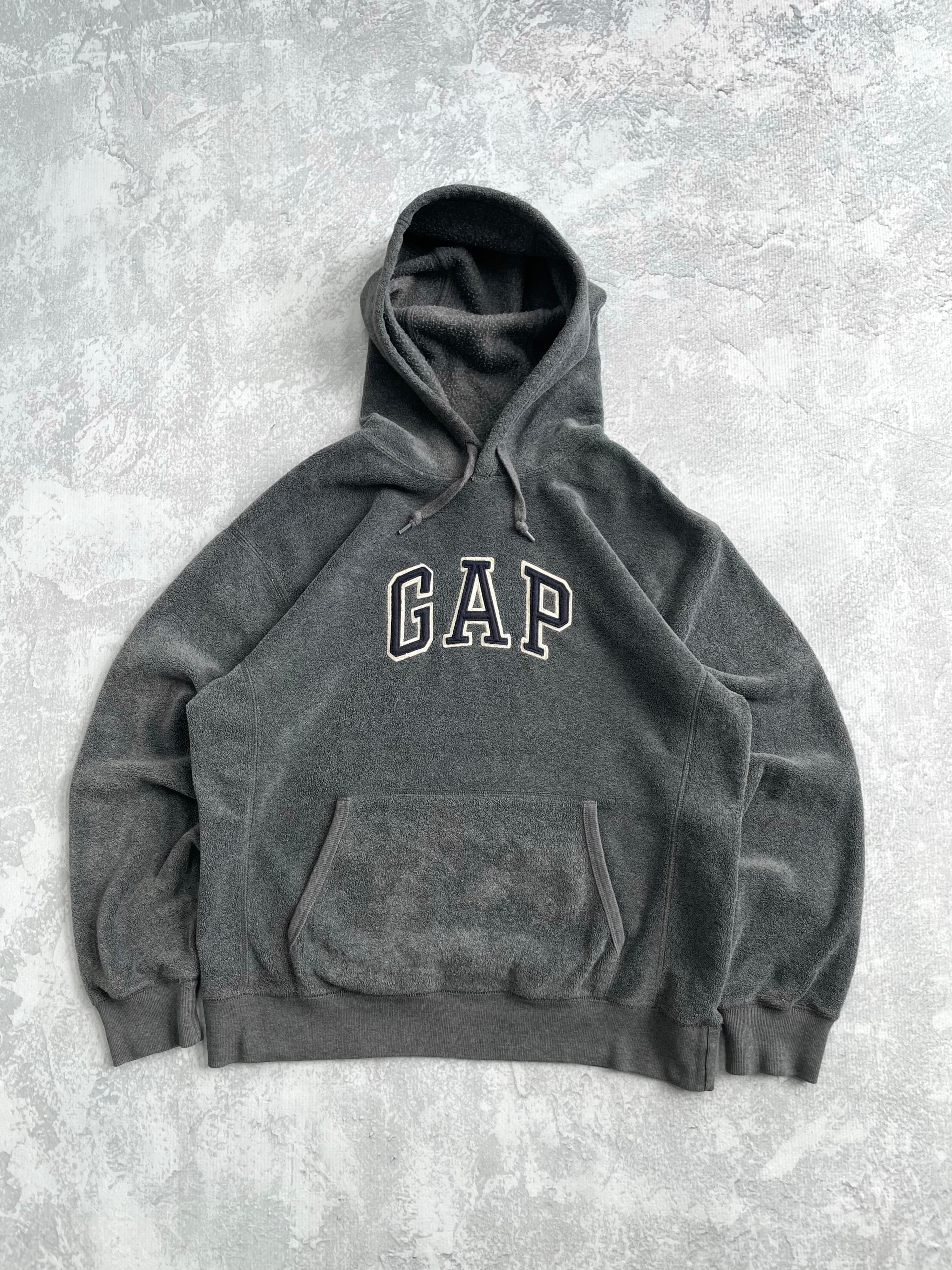 Y2K Gap Spellout Center Logo Fleece Grey Hoodie - L