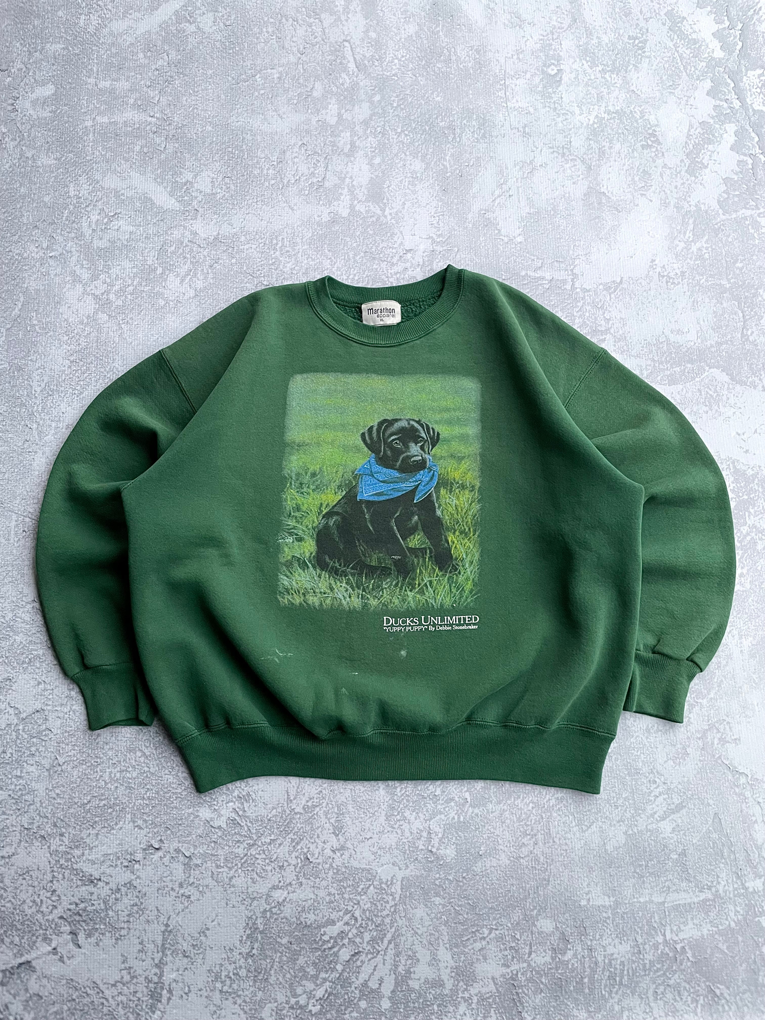 Vintage 90s Ducks Unlimited Black Lab Dog Nature Green Sweater Crewneck - XL