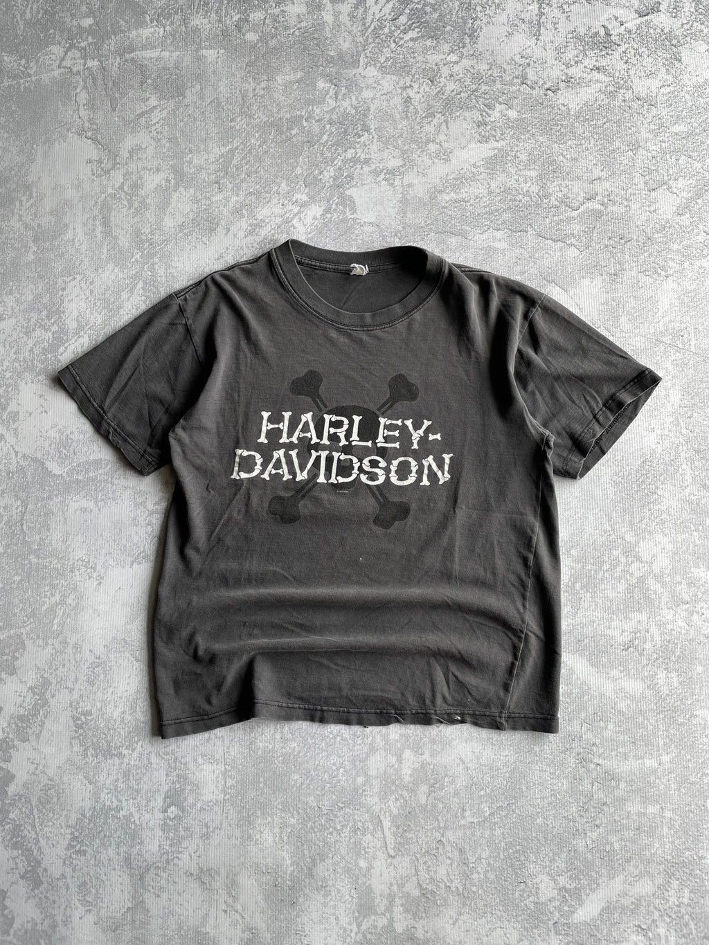 Vintage 90s Harley Davidson Spellout Bones Skull Faded Black Tee Shirt - L