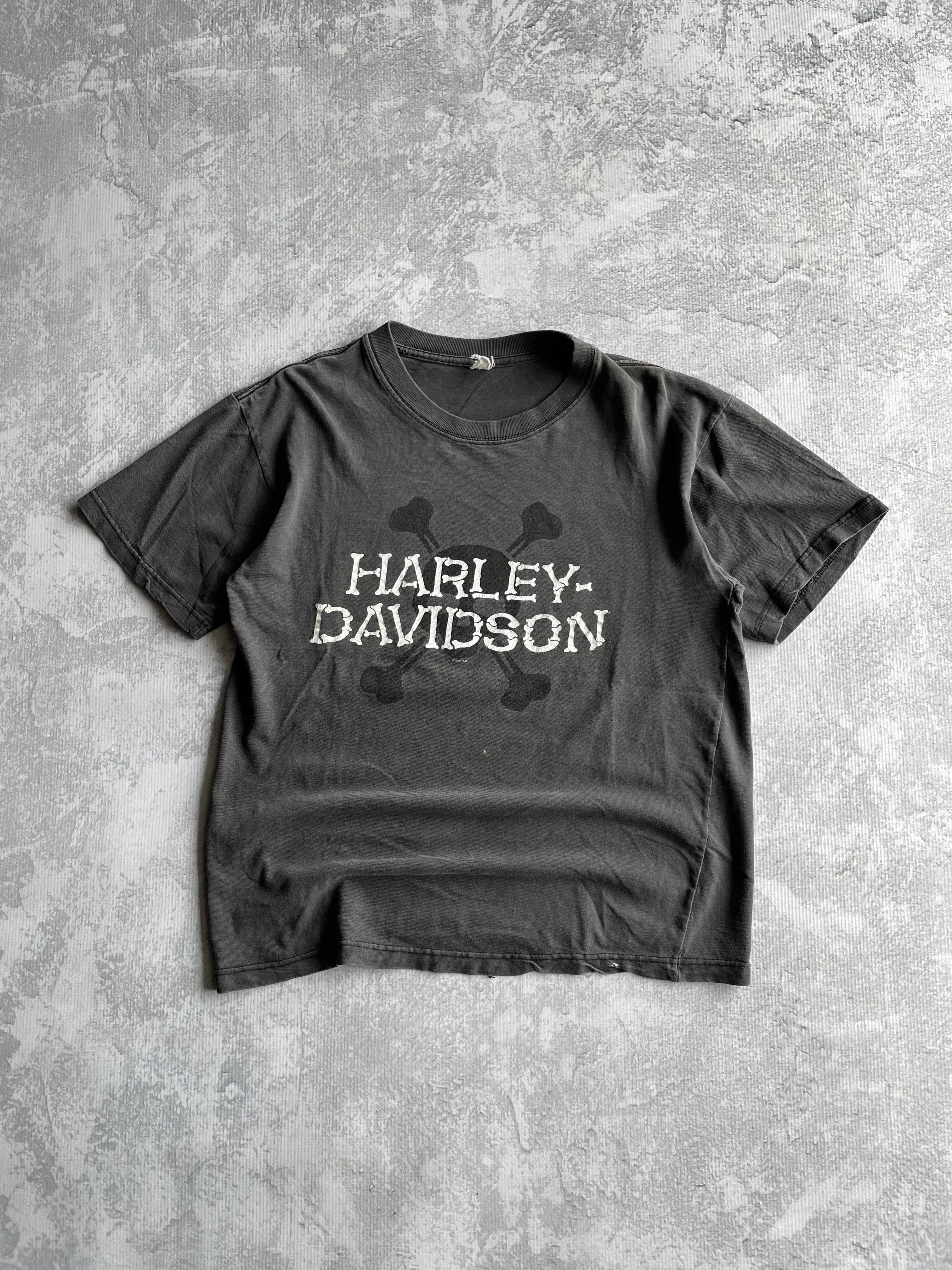 Vintage 90s Harley Davidson Spellout Bones Skull Faded Black Tee Shirt - L