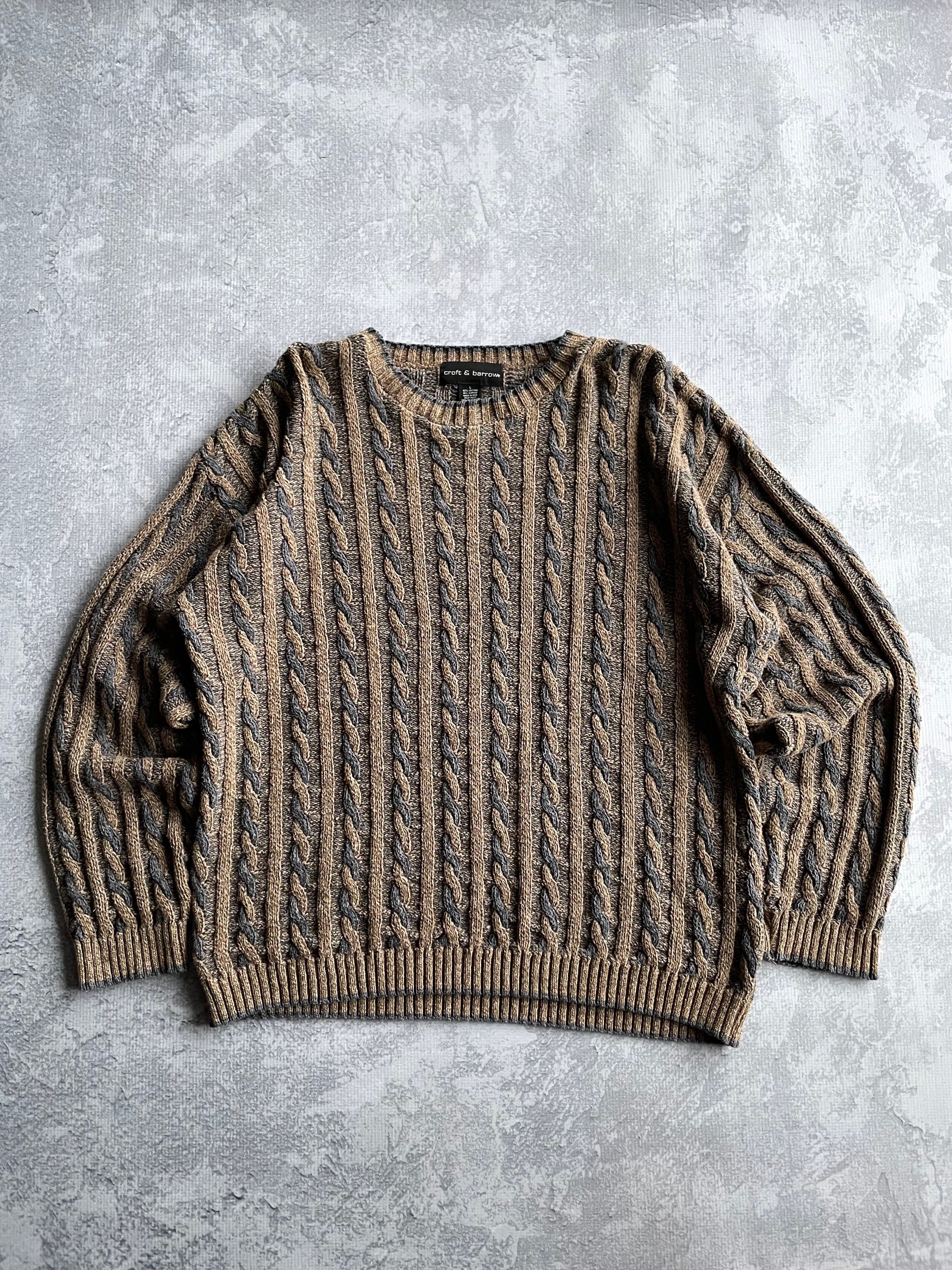 Vintage 90s Croft and Barrow Abstract Geometric Coogi Style Beige/Gray Knit Sweater - L