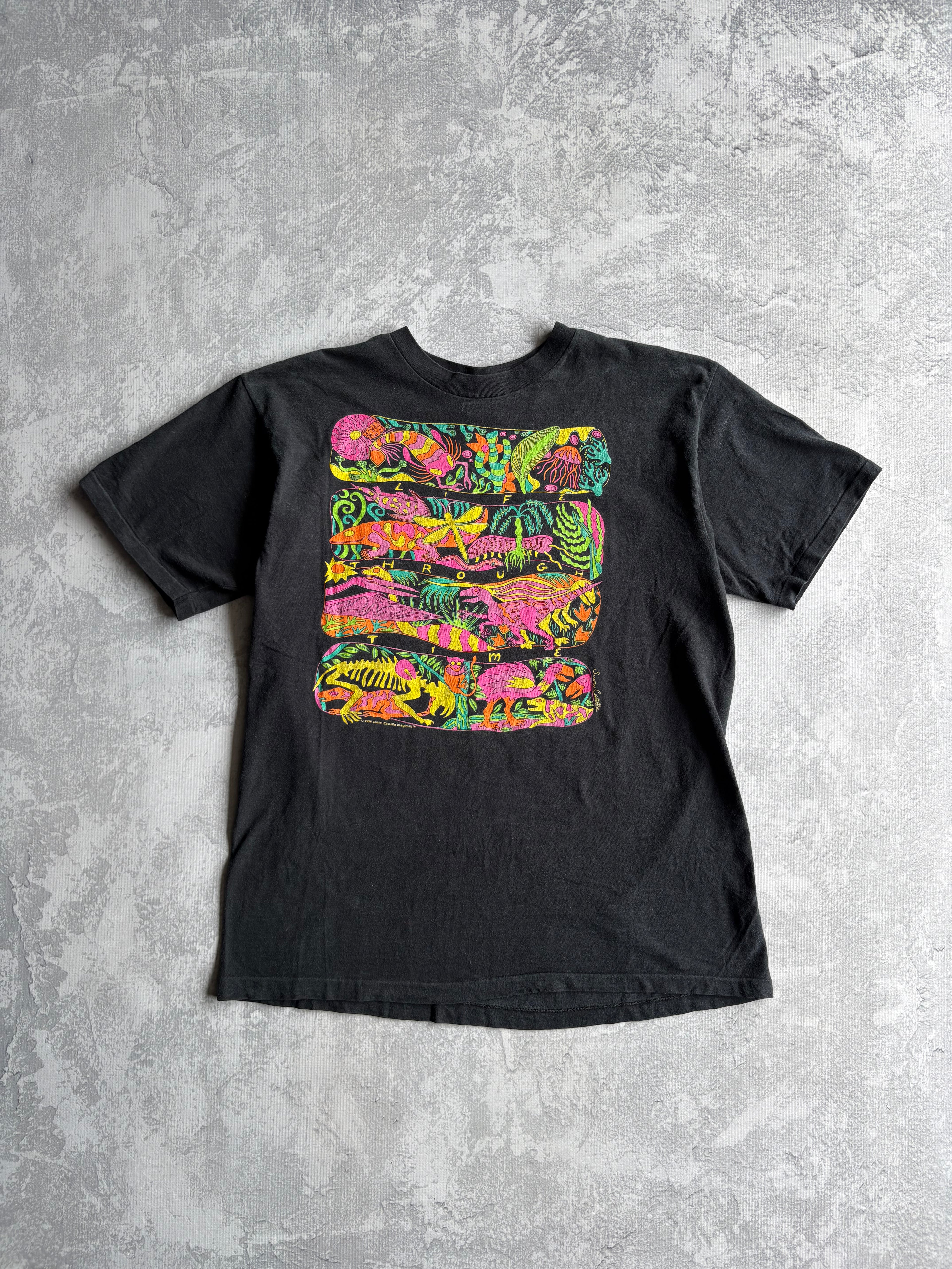 Vintage 1990 Life Through Time Susan Costello Imagimals Black Art Tee Shirt - XL