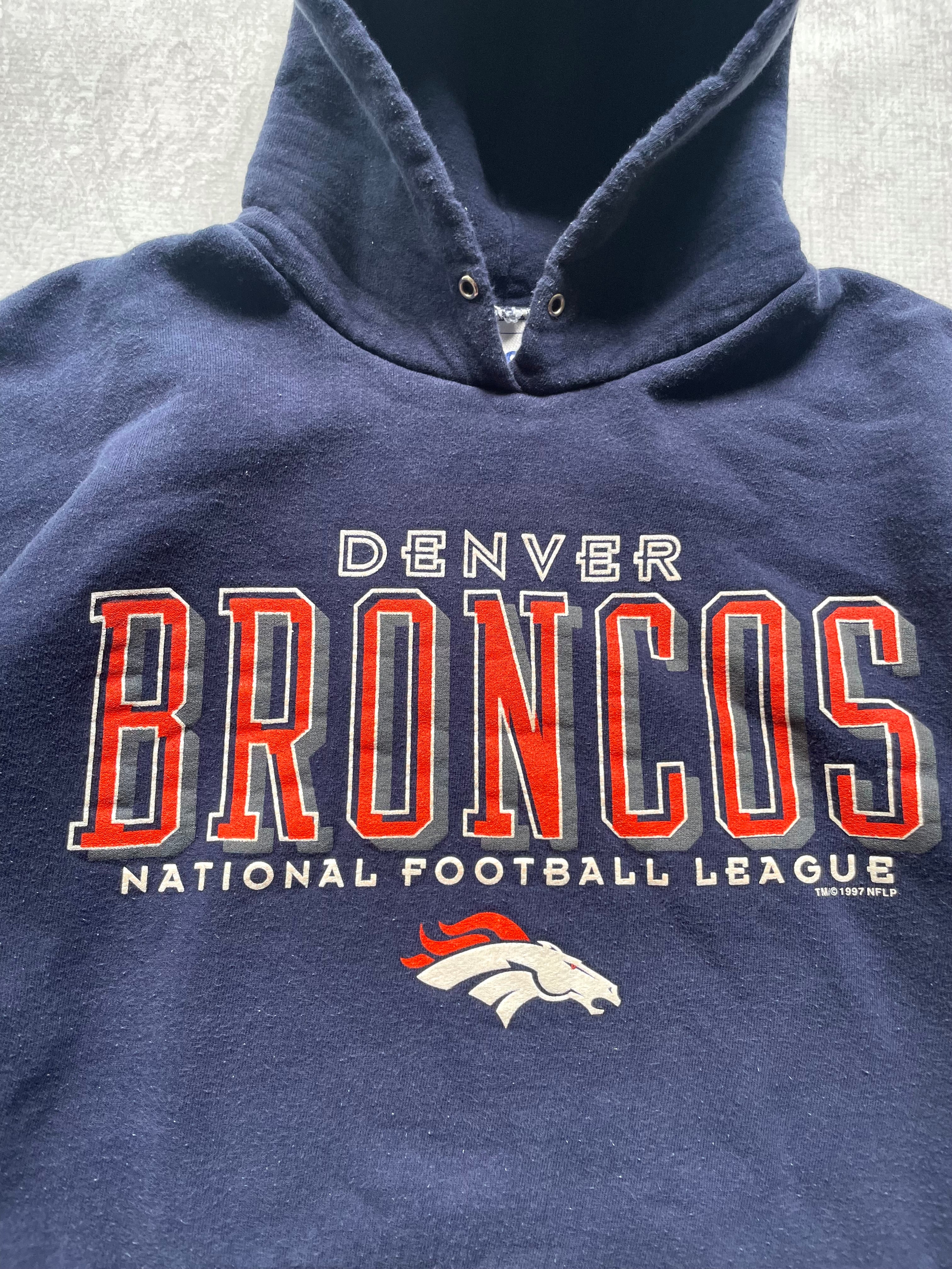 Vintage 1997 Denver Broncos NFL Pro Player Spellout Hoodie - XL