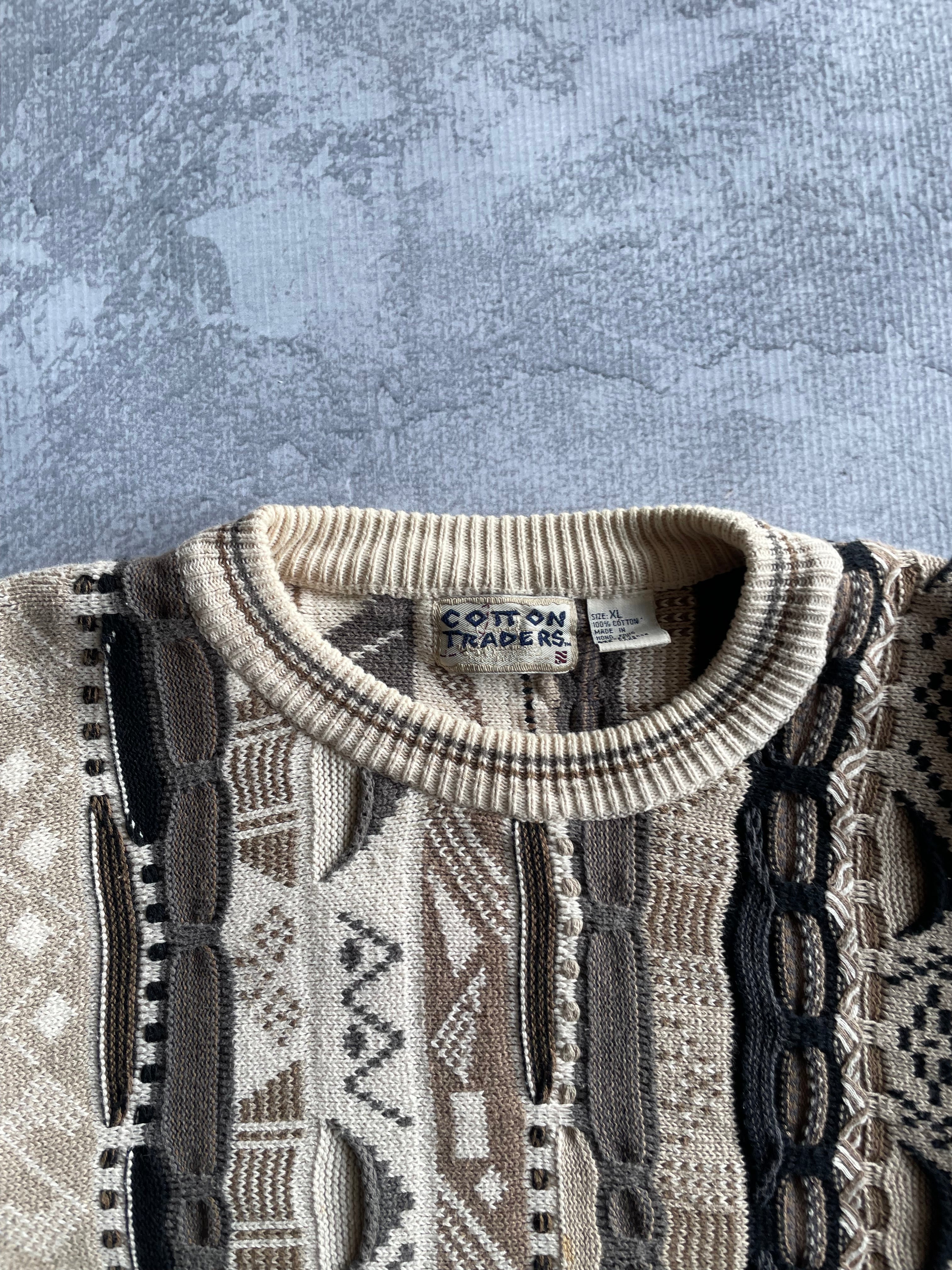 Vintage 90s Cotton Traders 3D Abstract Striped Coogi Style Knit Sweater - XL