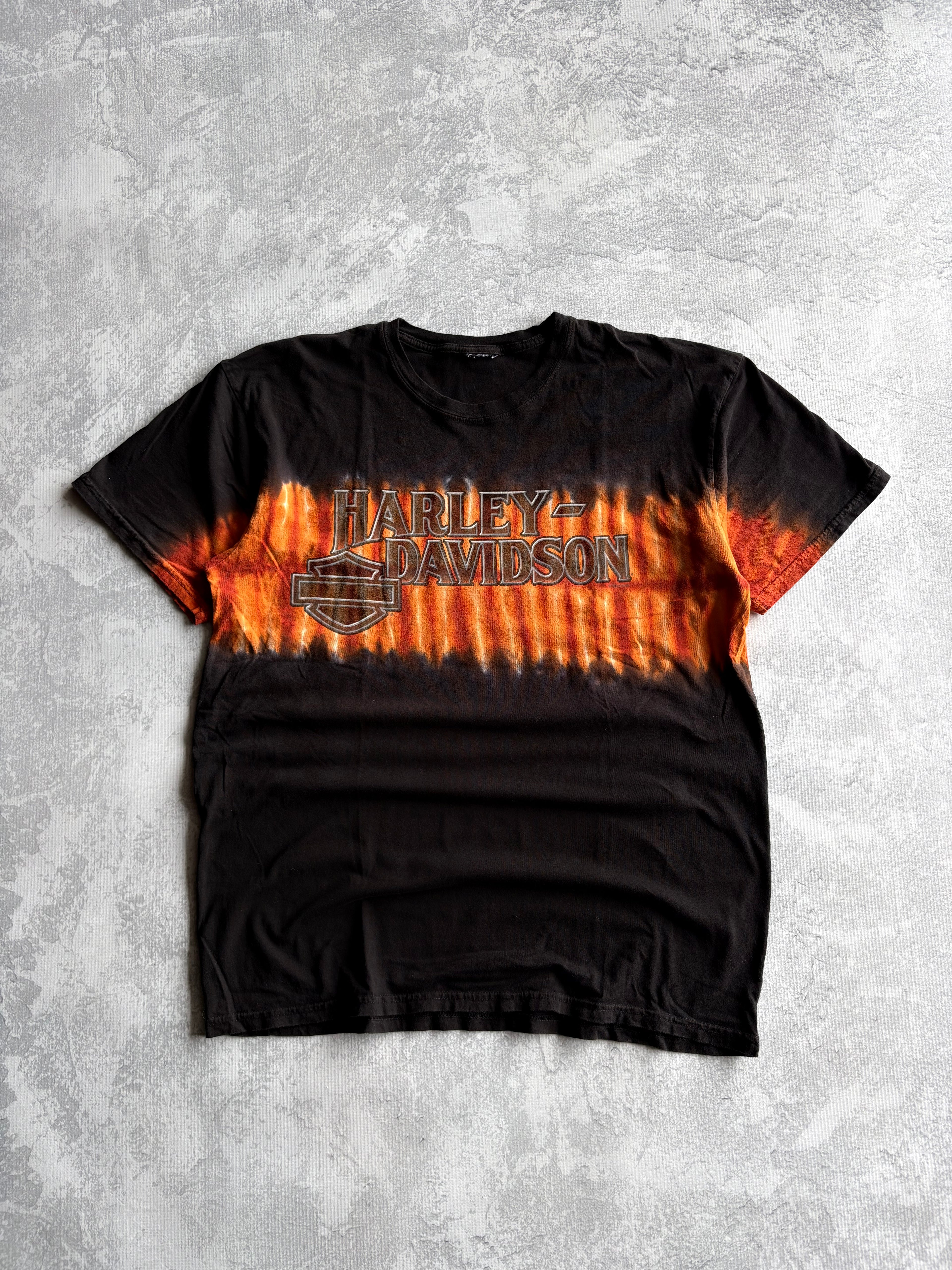 Vintage Harley Davidson Spellout Logo Tie Dye Black Tee Shirt - L