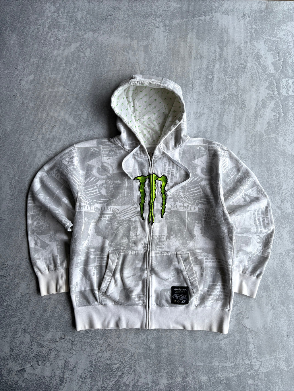 Vintage Y2K 2000s Monster Energy White AOP Zip Up Hoodie - L