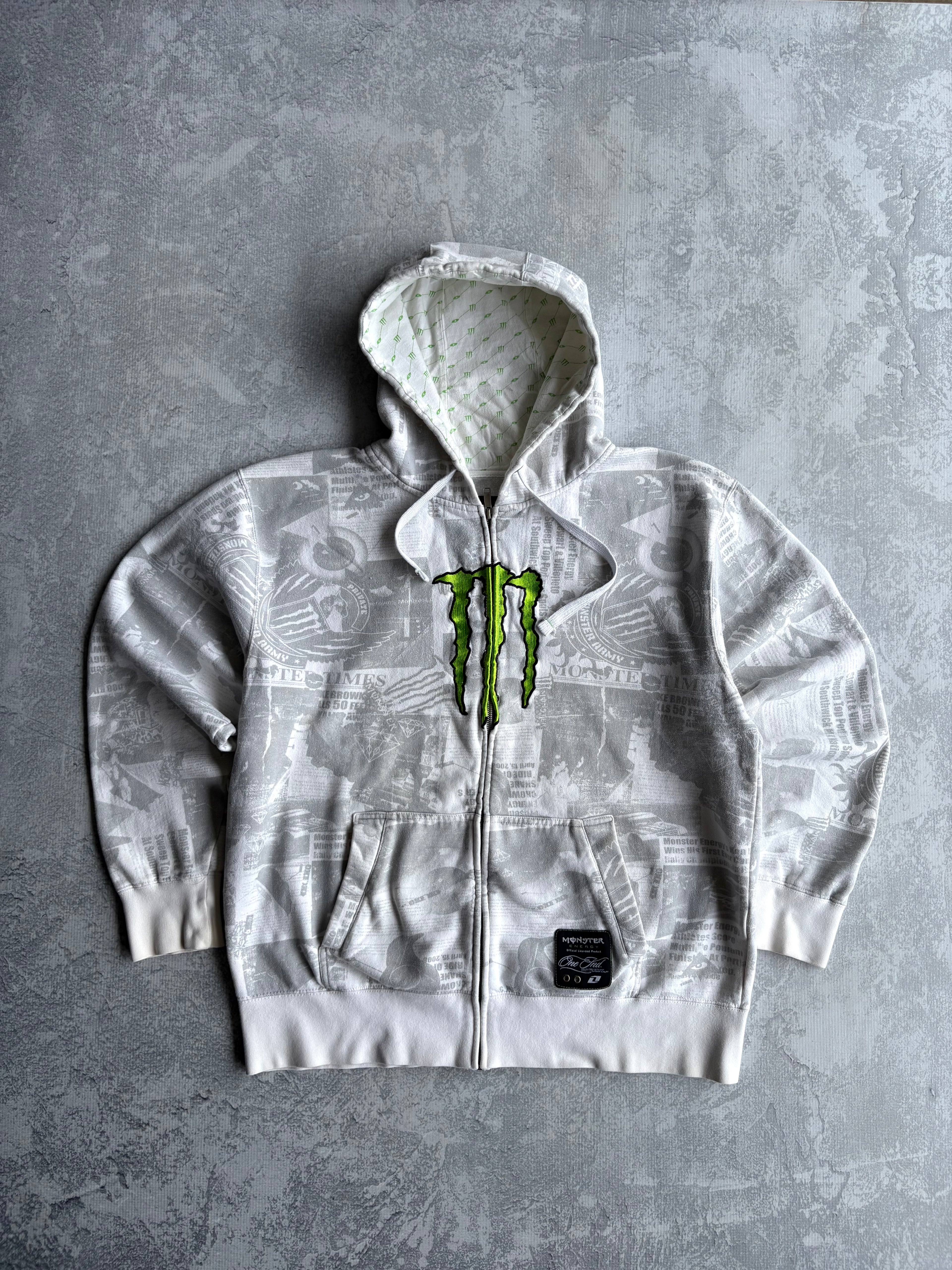 Vintage Y2K 2000s Monster Energy White AOP Zip Up Hoodie - L