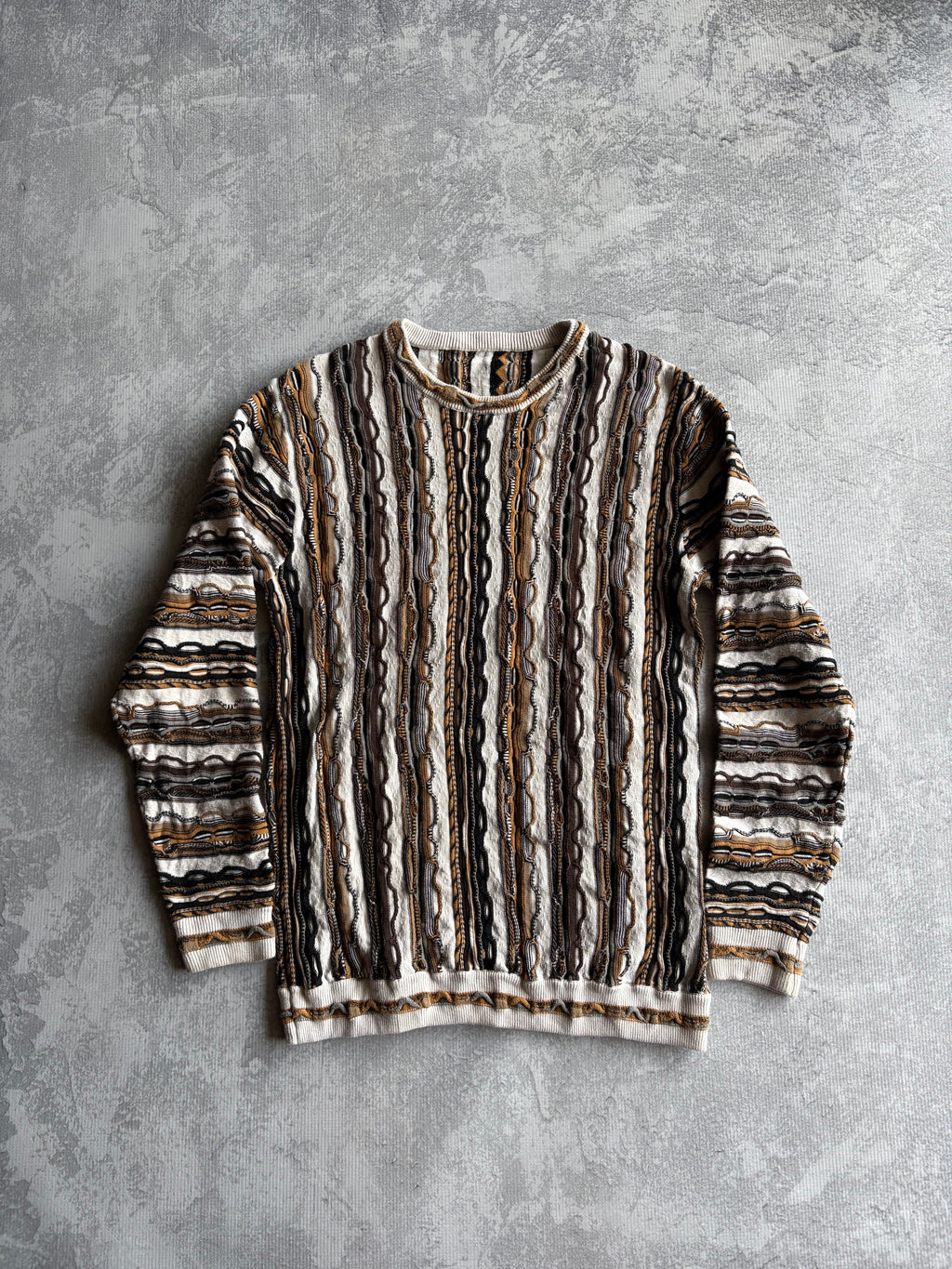Vintage 90s 3D Abstract Striped Coogi Style White/Gold Knit Sweater - L