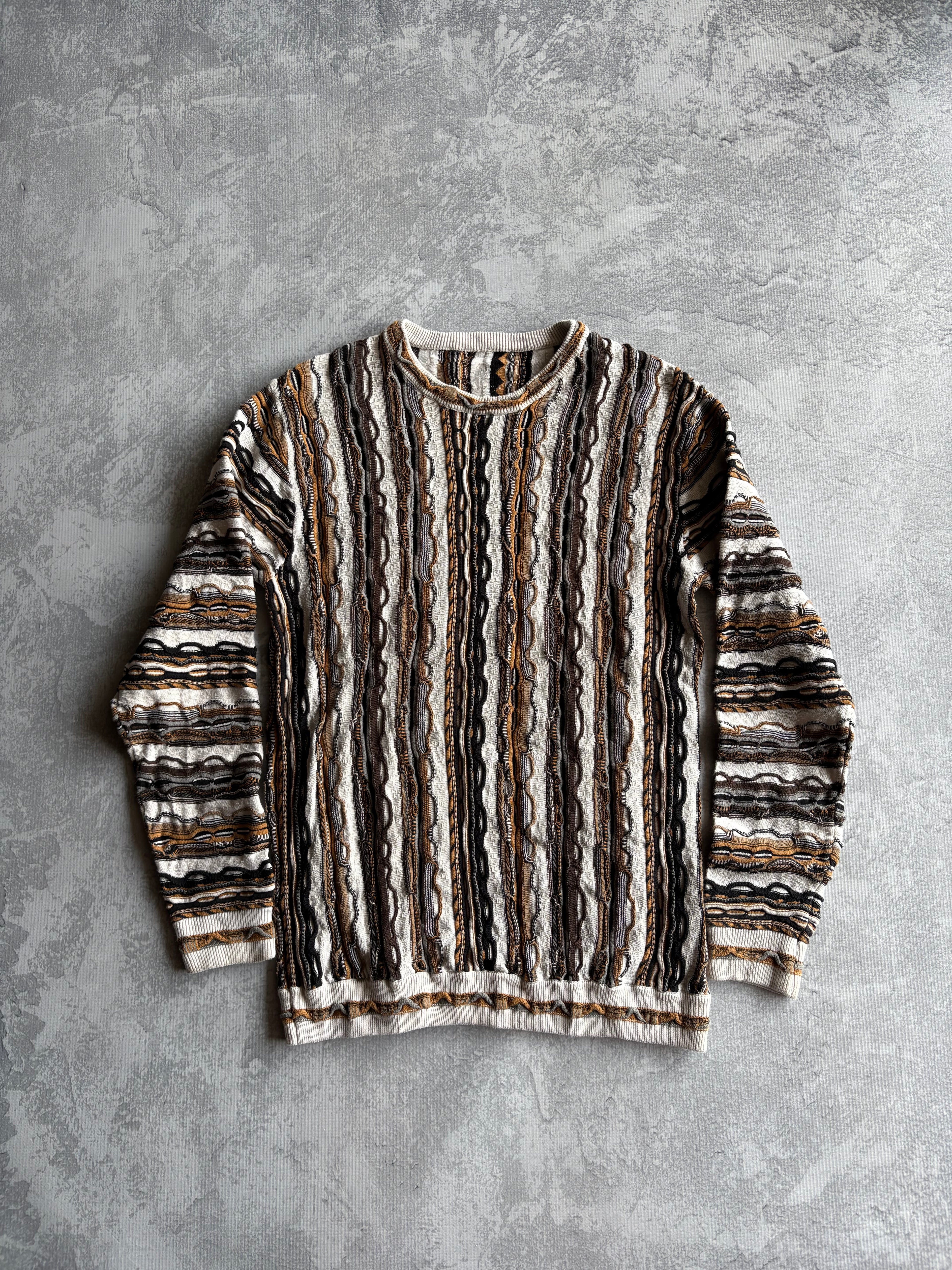 Vintage 90s 3D Abstract Striped Coogi Style White/Gold Knit Sweater - L