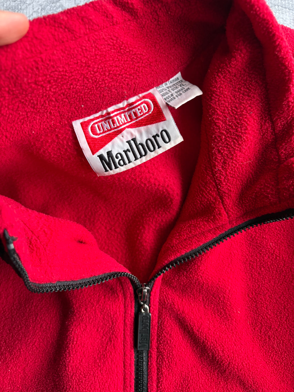 Vintage 90s Marlboro Zip Up Red Black Fleece Sweater - XL