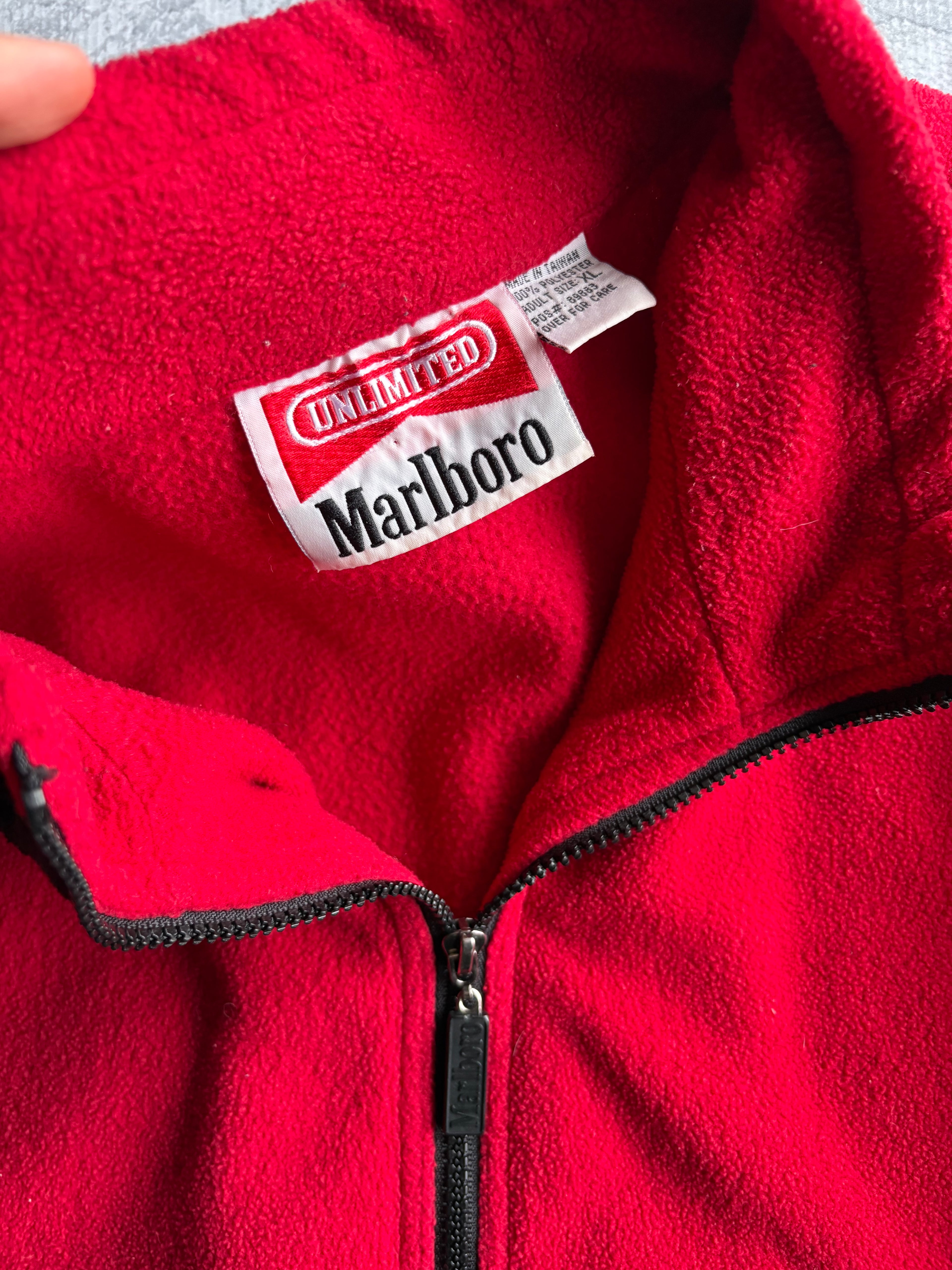 Vintage 90s Marlboro Zip Up Red Black Fleece Sweater - XL