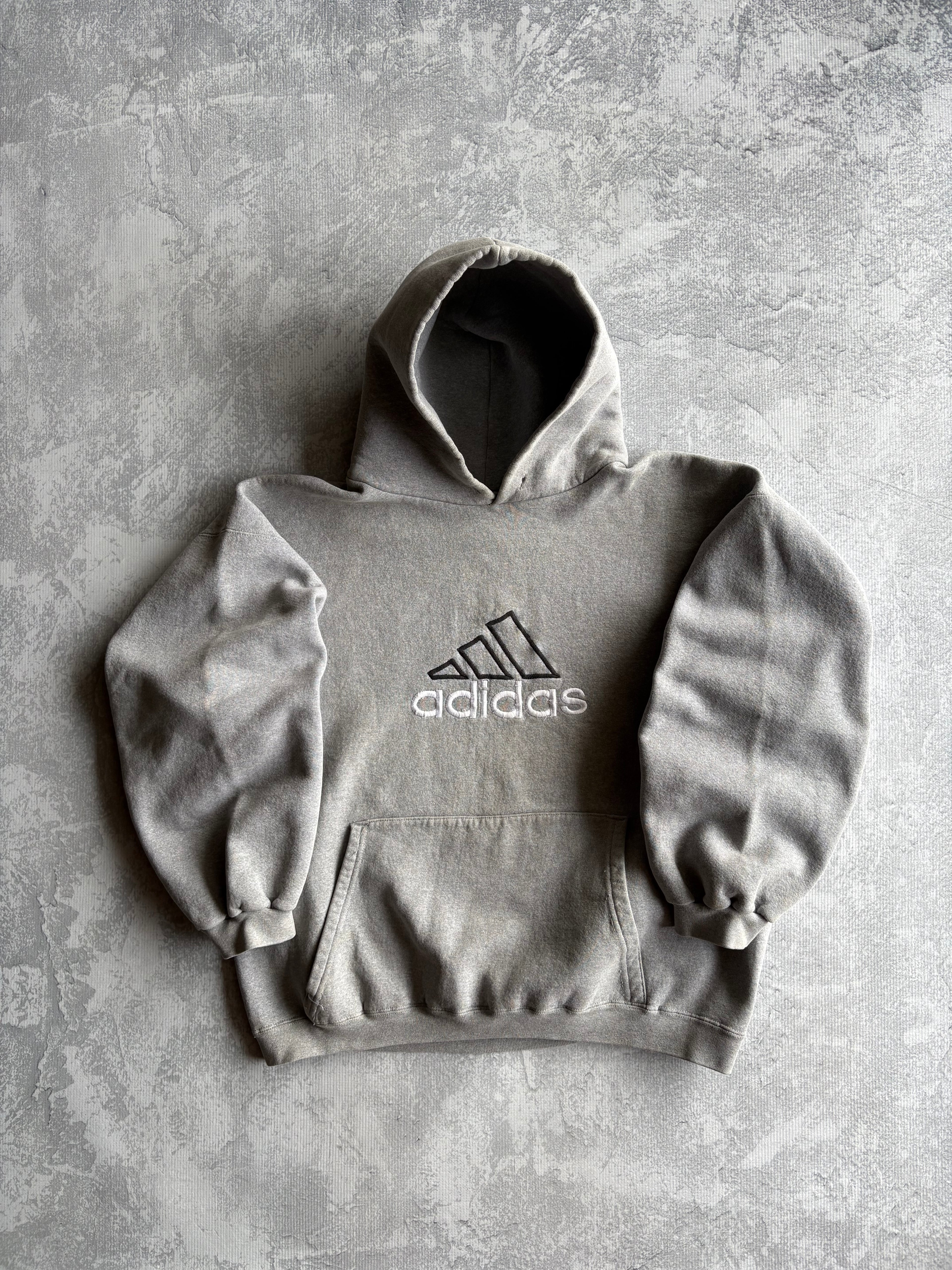 Vintage 90s Adidas Spellout Center Logo Grey Boxy Hoodie - XL