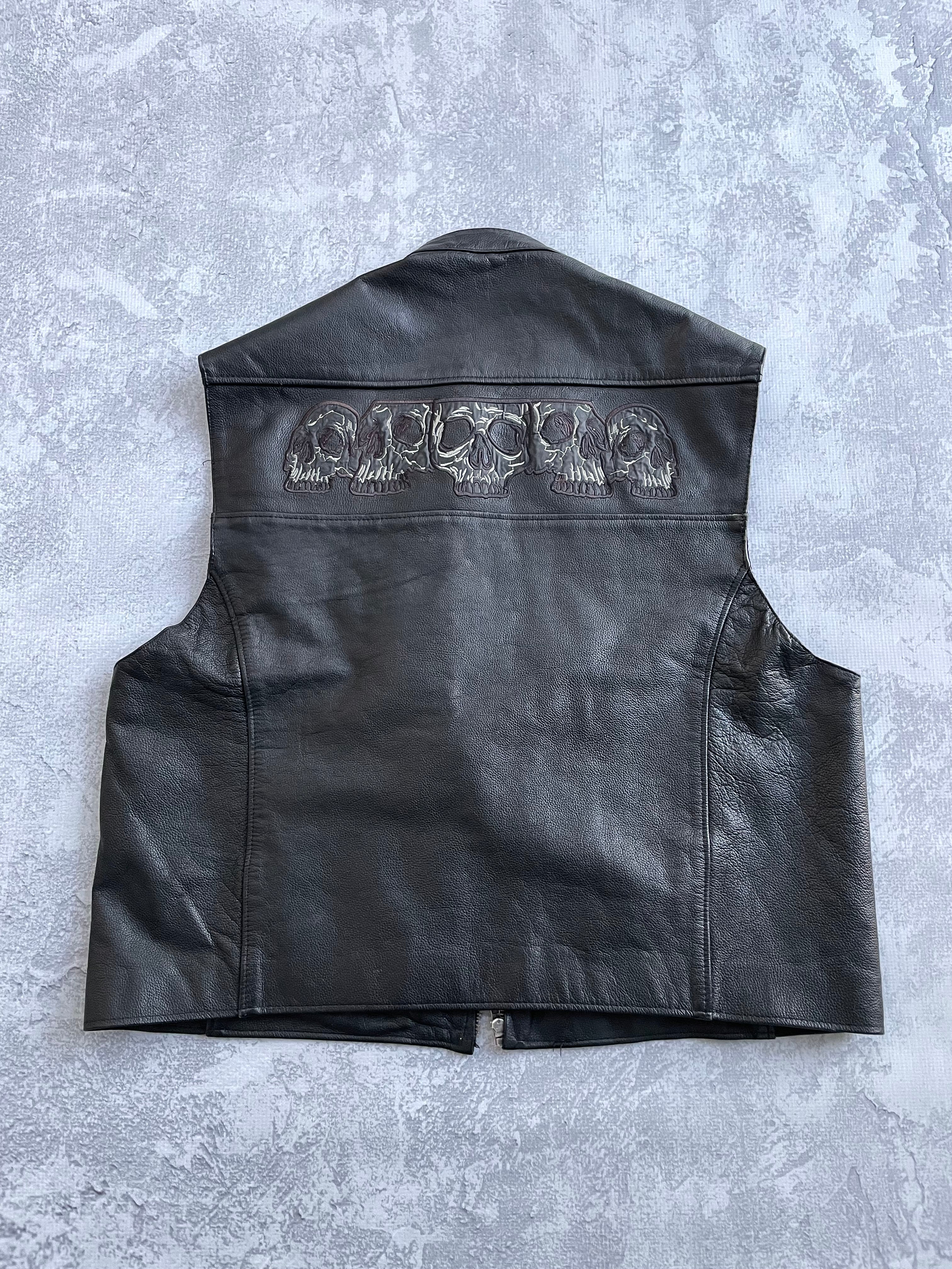 Vintage Vance Skull Leather Motorcycle Vest - XL