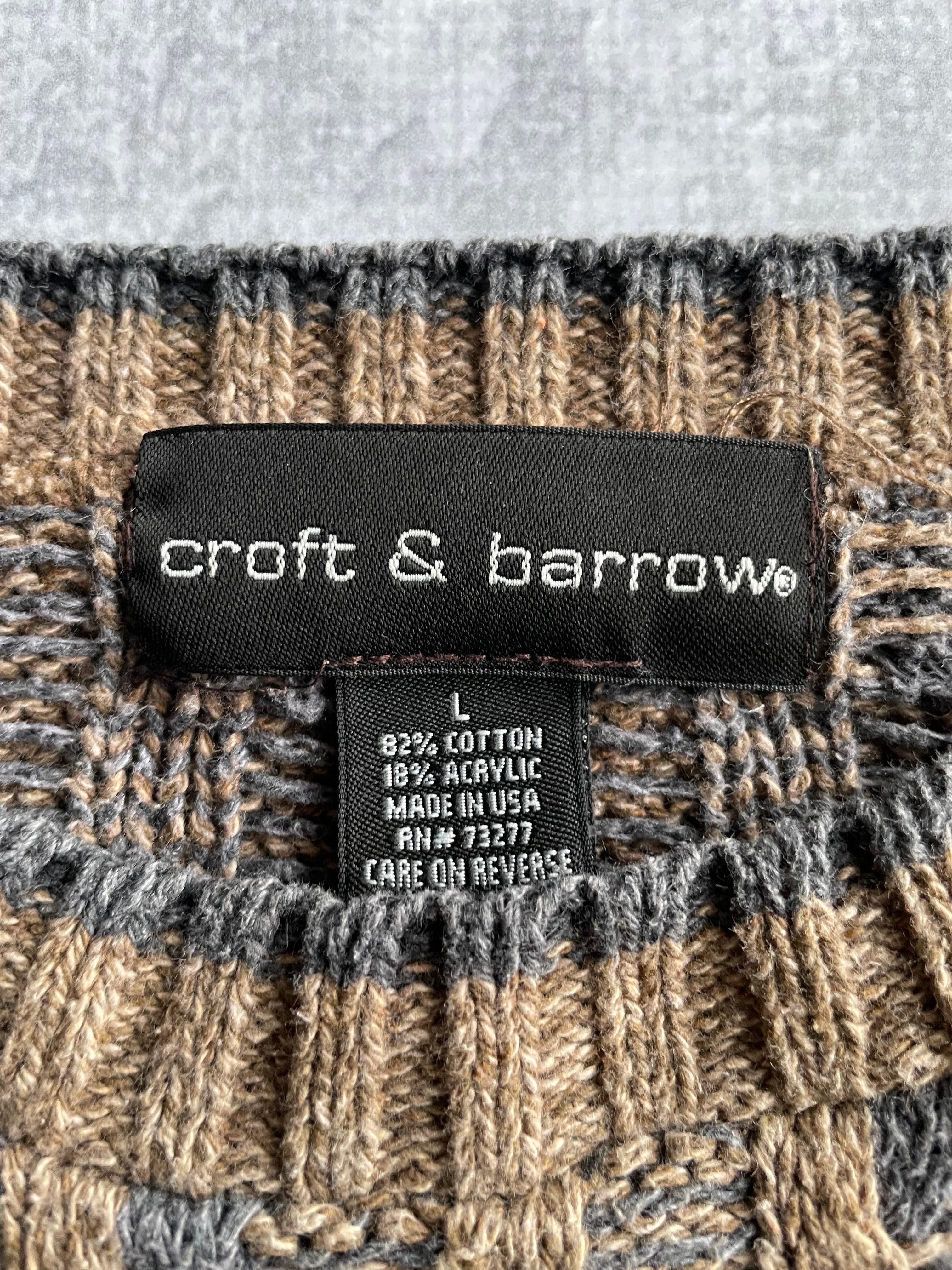 Vintage 90s Croft and Barrow Abstract Geometric Coogi Style Beige/Gray Knit Sweater - L