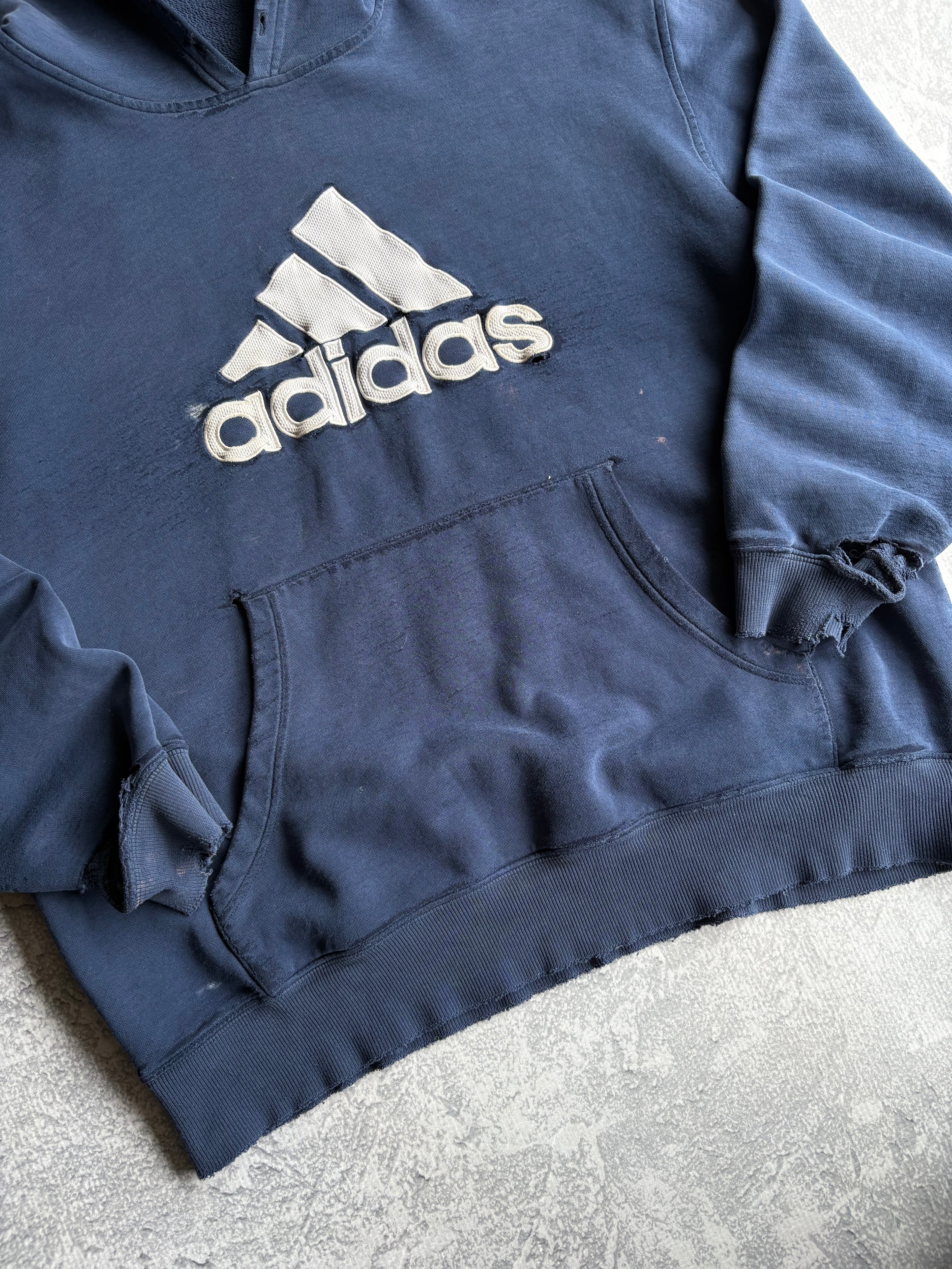 Vintage 2000s Adidas Center Logo Thrashed Navy Hoodie - XL