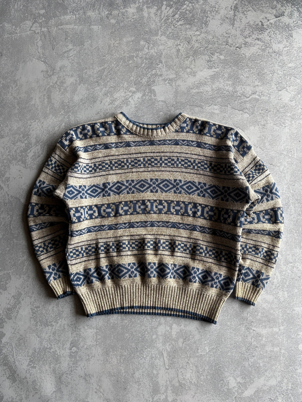 Vintage 90s Liz Wear Abstract Geometric Beige/Blue Knit Sweater - XL