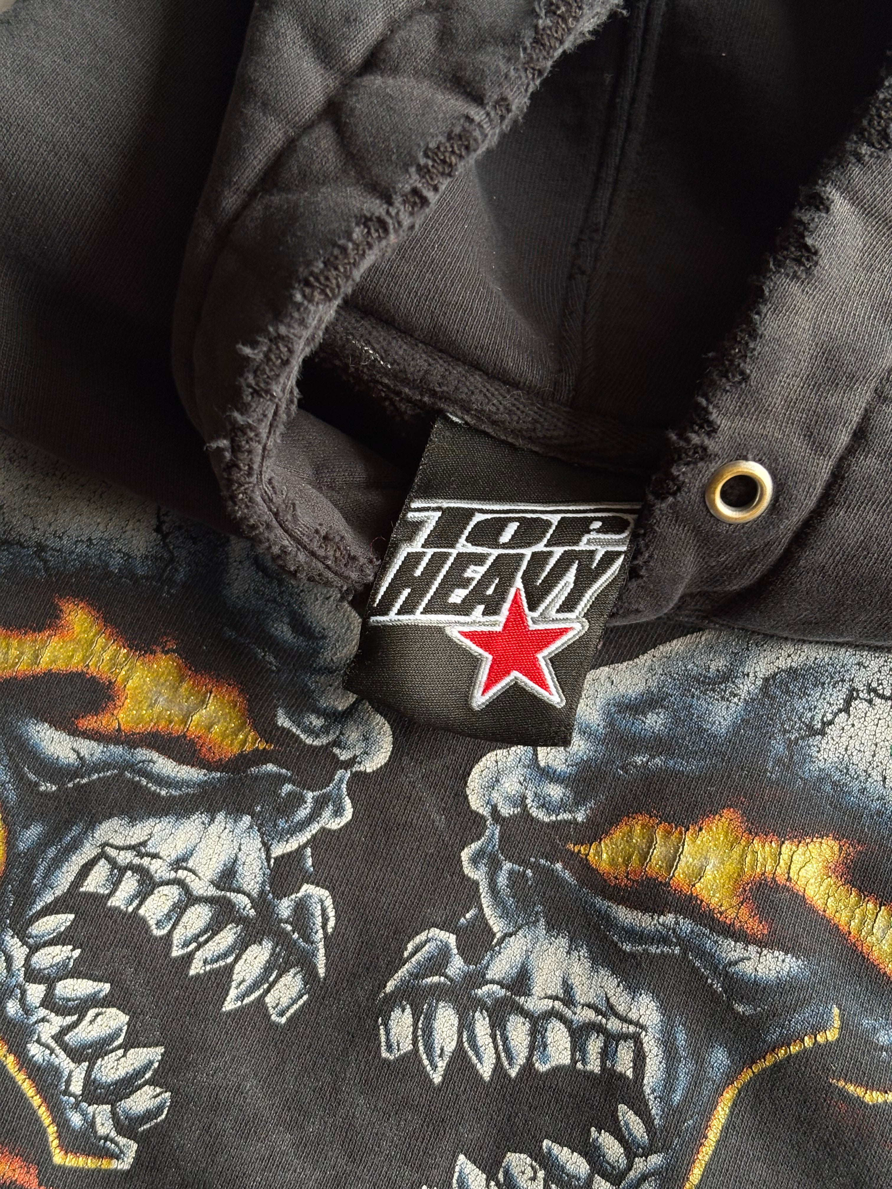 Vintage 90s Top Heavy Flaming Skull Distressed Hoodie - Large