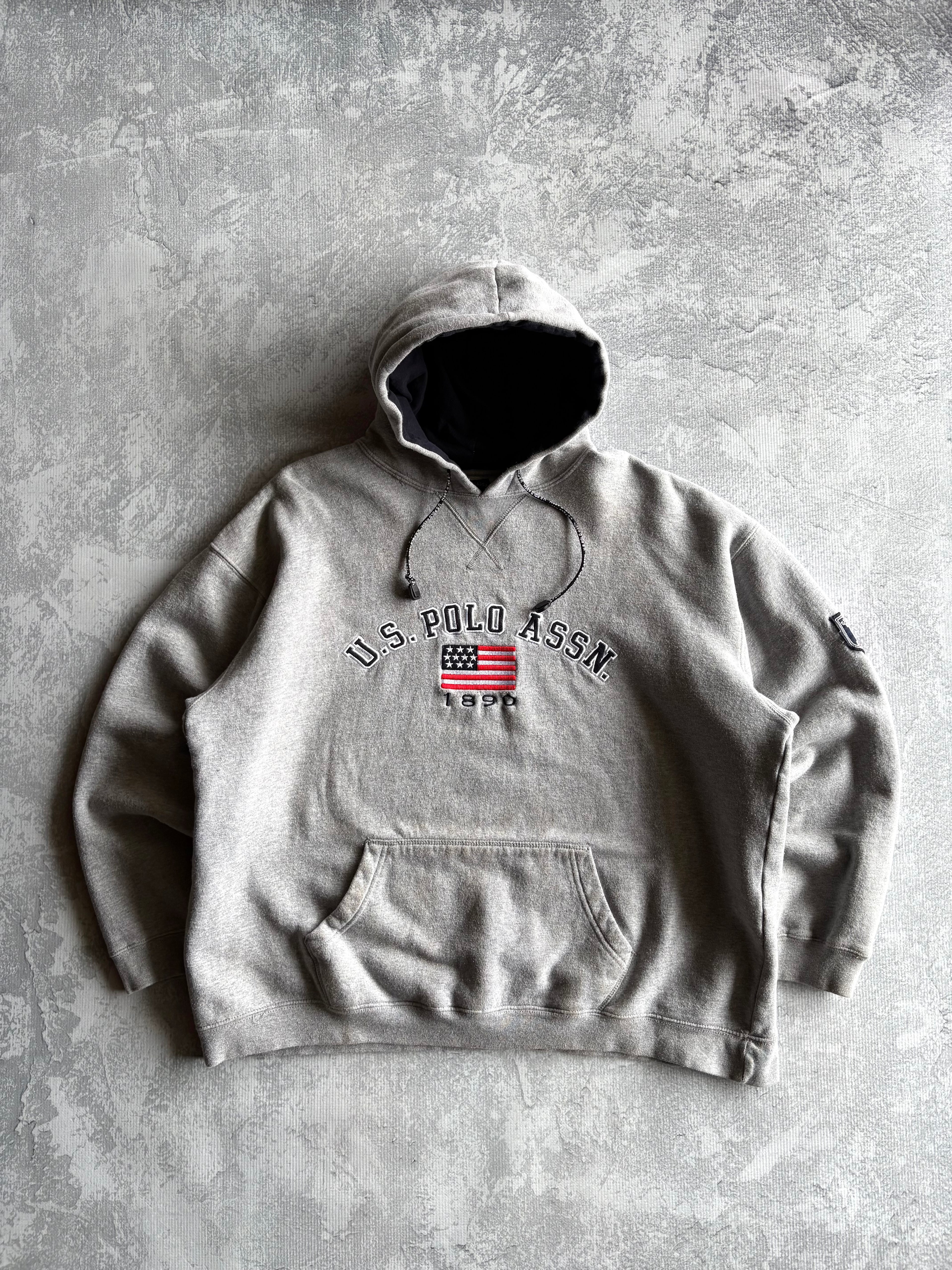 Vintage U.S. Polo ASSN Spellout Grey Hoodie - L