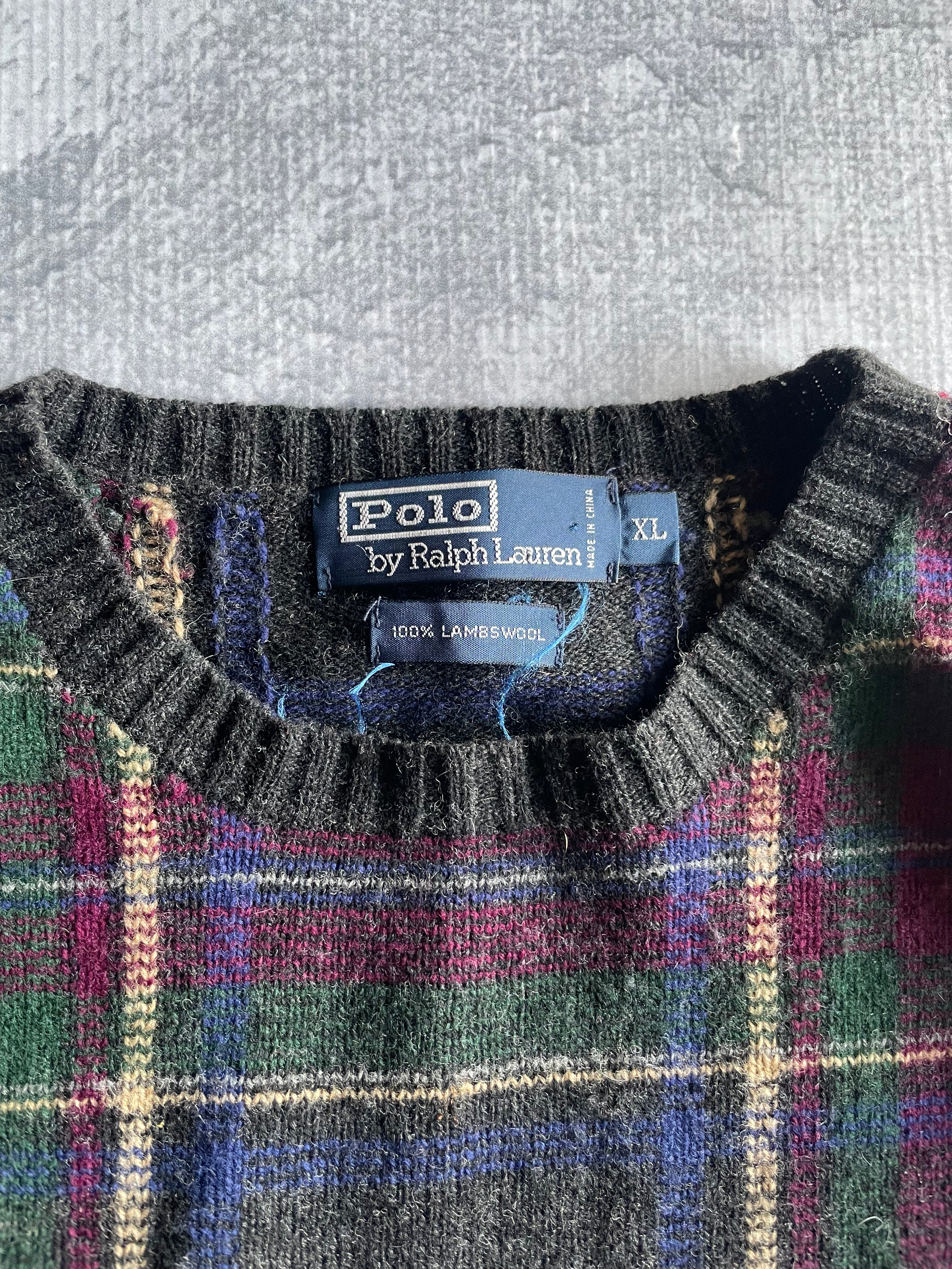Vintage 90s Polo Knit Wool Plaid Sweater - XL