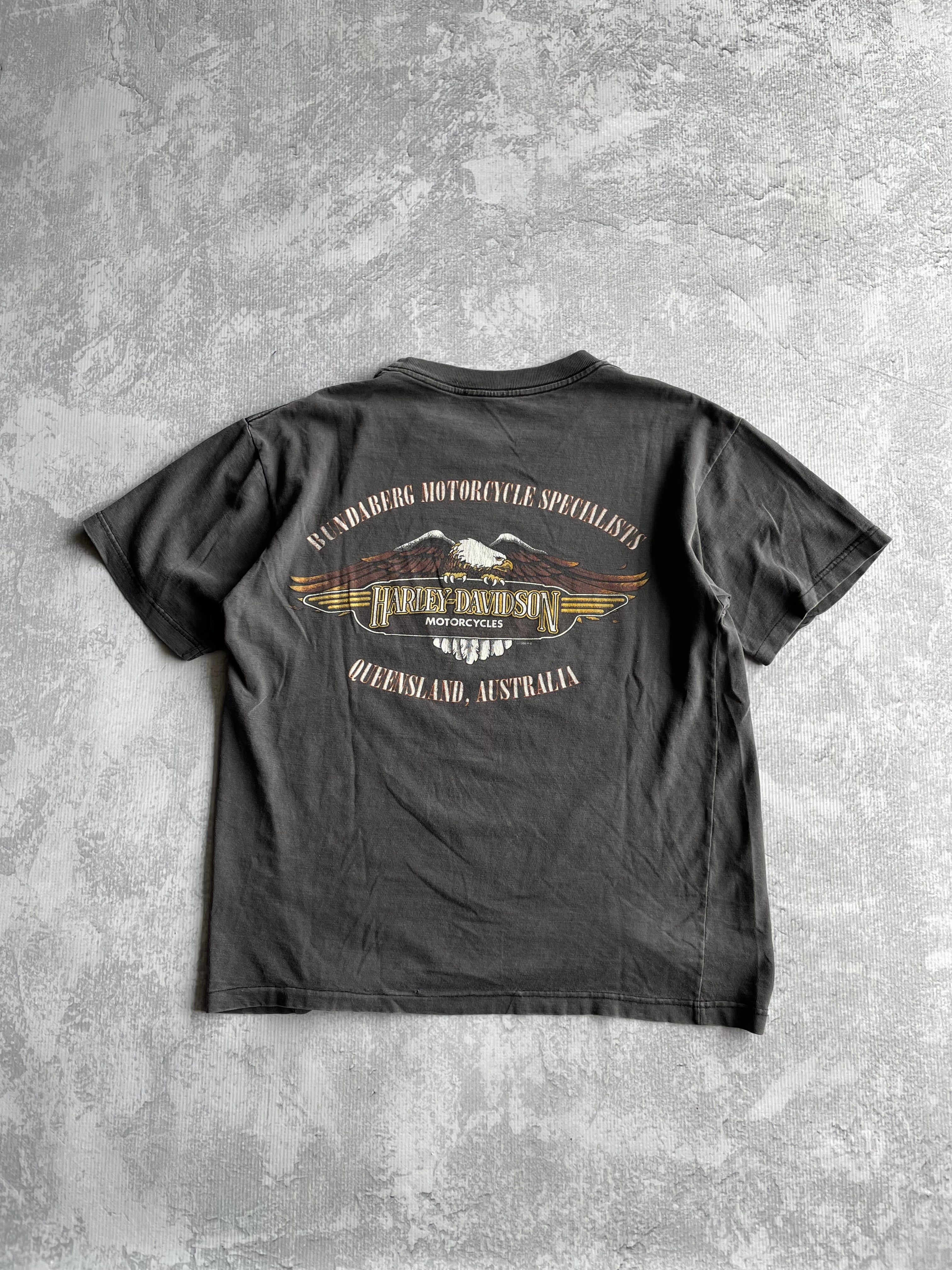 Vintage 90s Harley Davidson Spellout Bones Skull Faded Black Tee Shirt - L