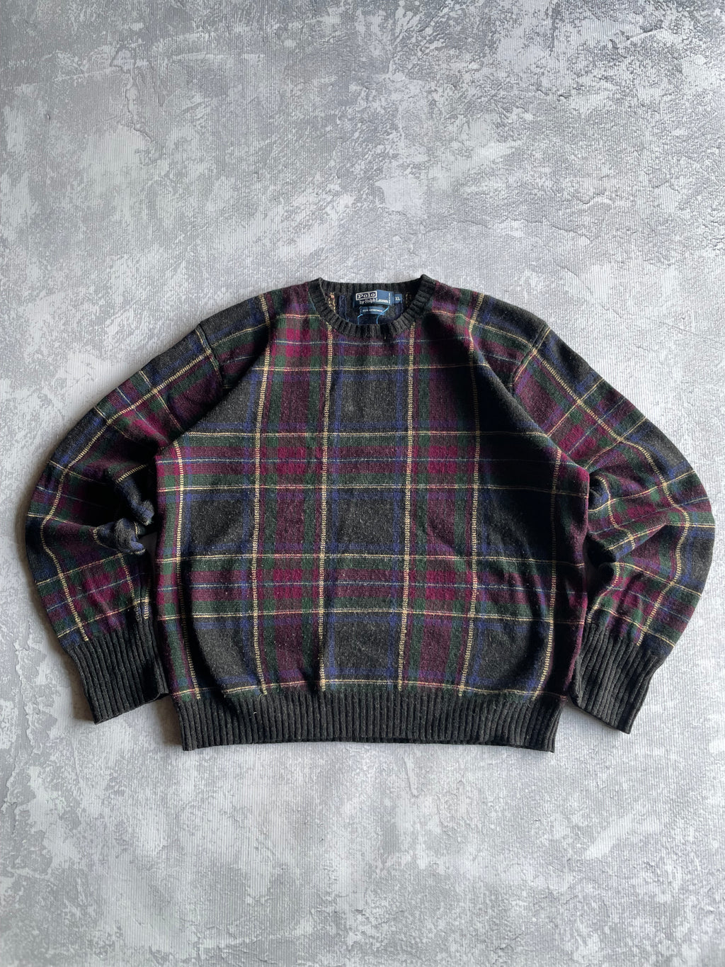 Vintage 90s Polo Knit Wool Plaid Sweater - XL