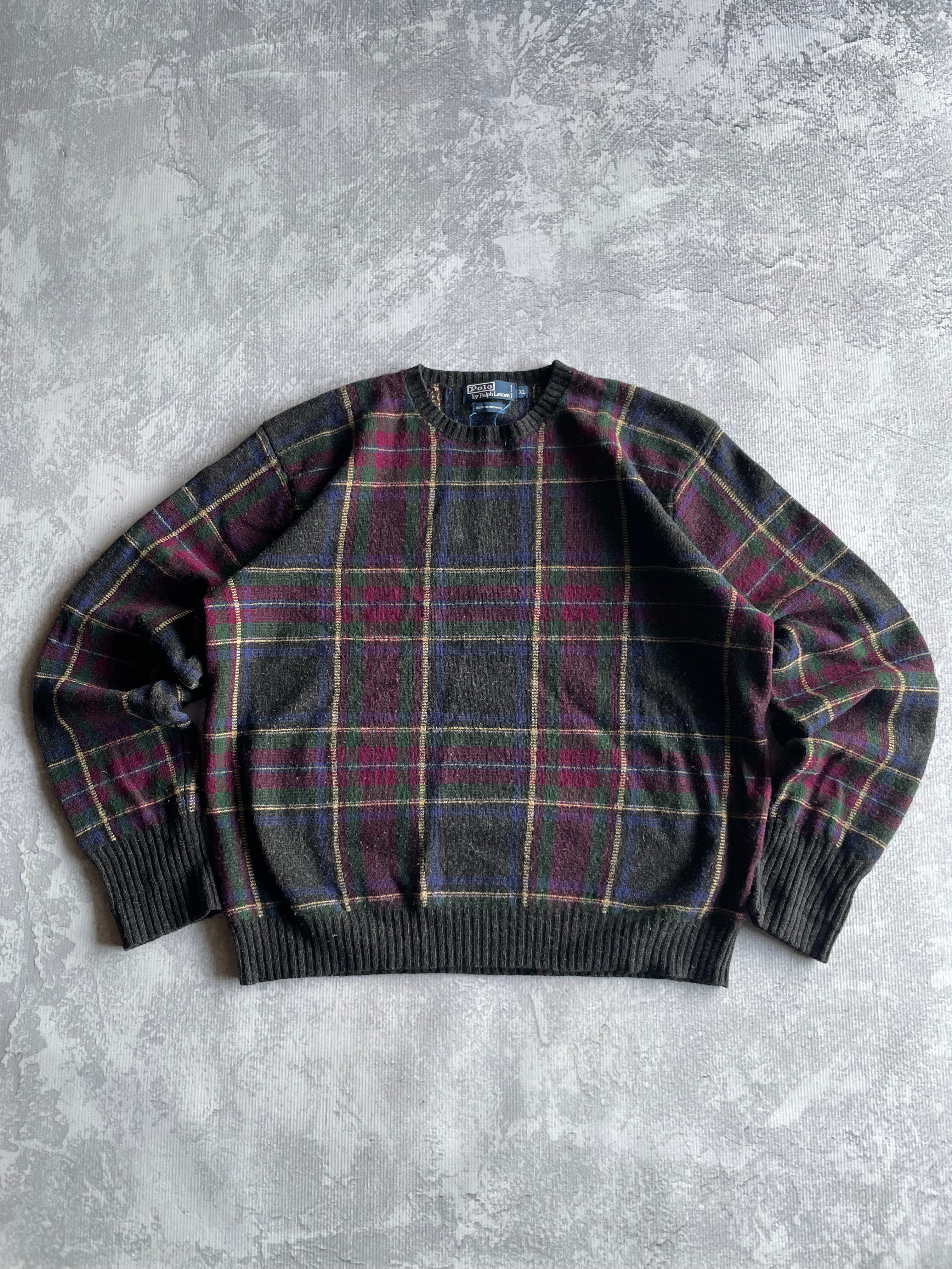 Vintage 90s Polo Knit Wool Plaid Sweater - XL