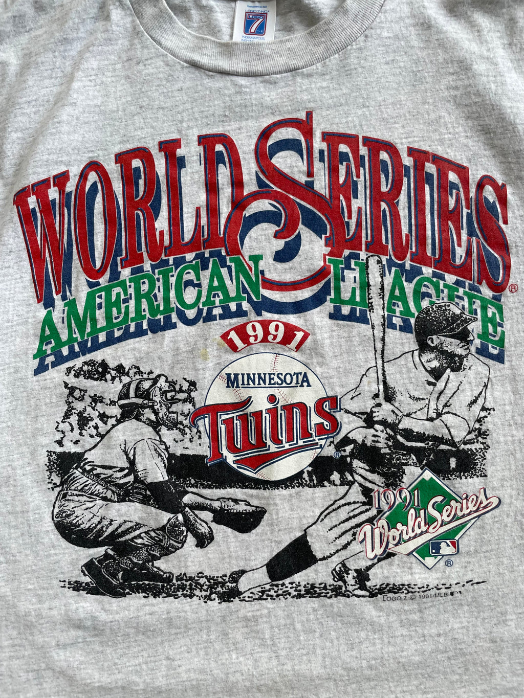Vintage 1991 Minnesota Twins MLB Logo 7 Big Print Grey Tee Shirt - XL