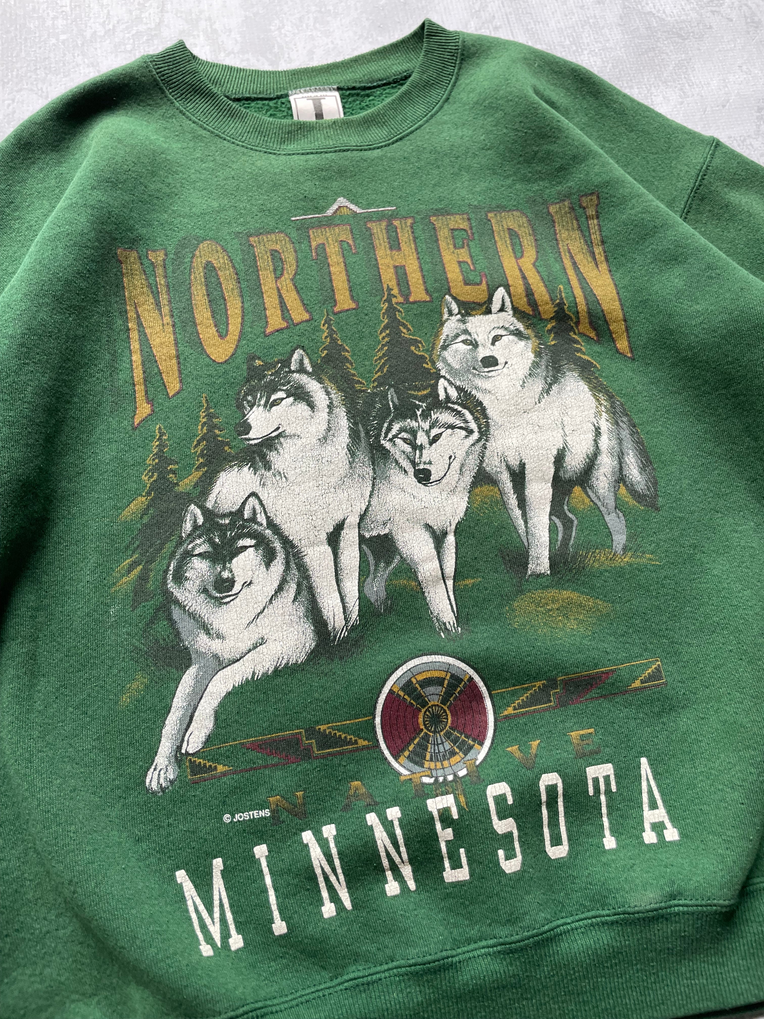 Vintage 90s Northern Minnesota Wolf Green Crewneck Sweater - L