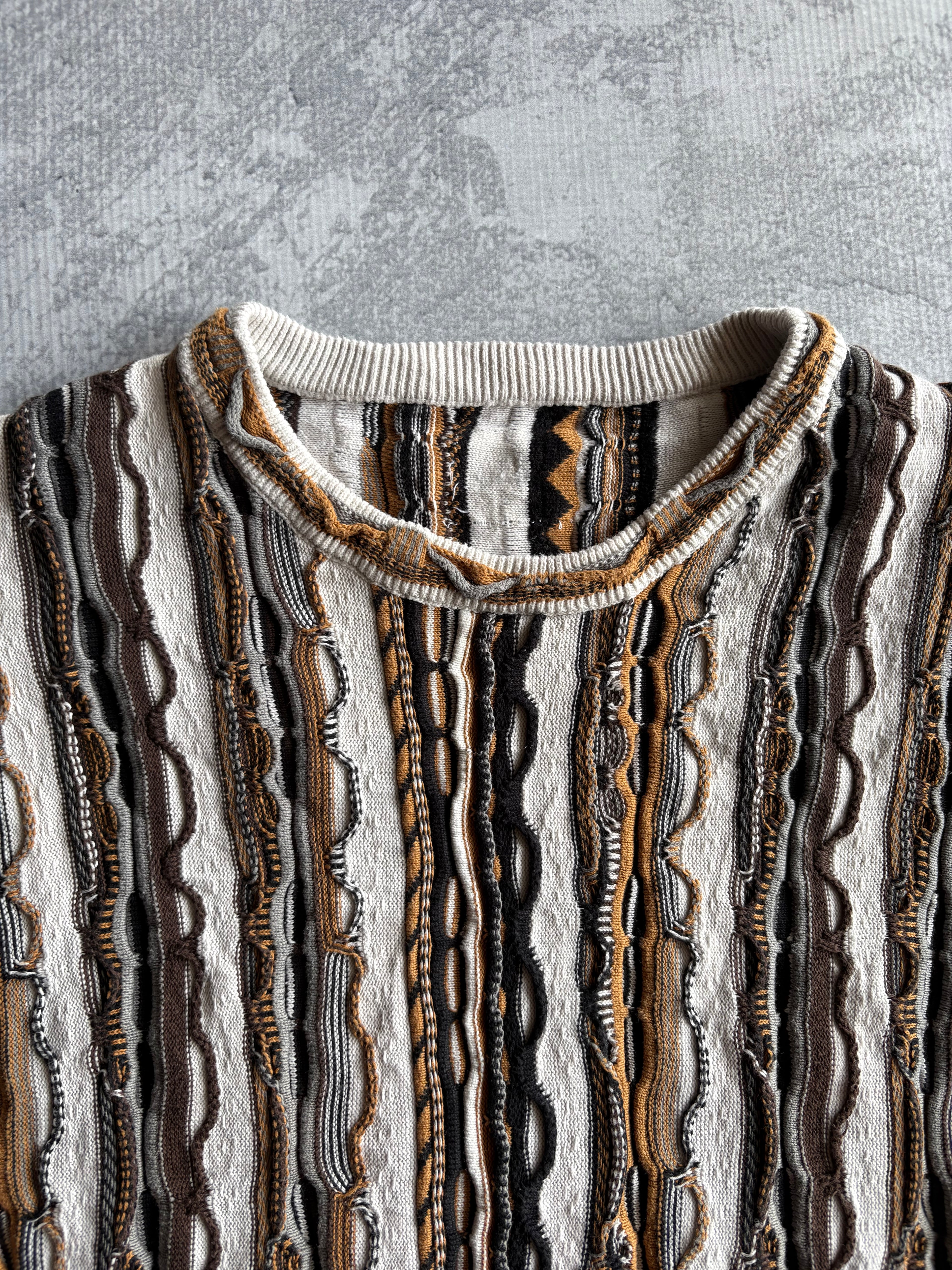 Vintage 90s 3D Abstract Striped Coogi Style White/Gold Knit Sweater - L